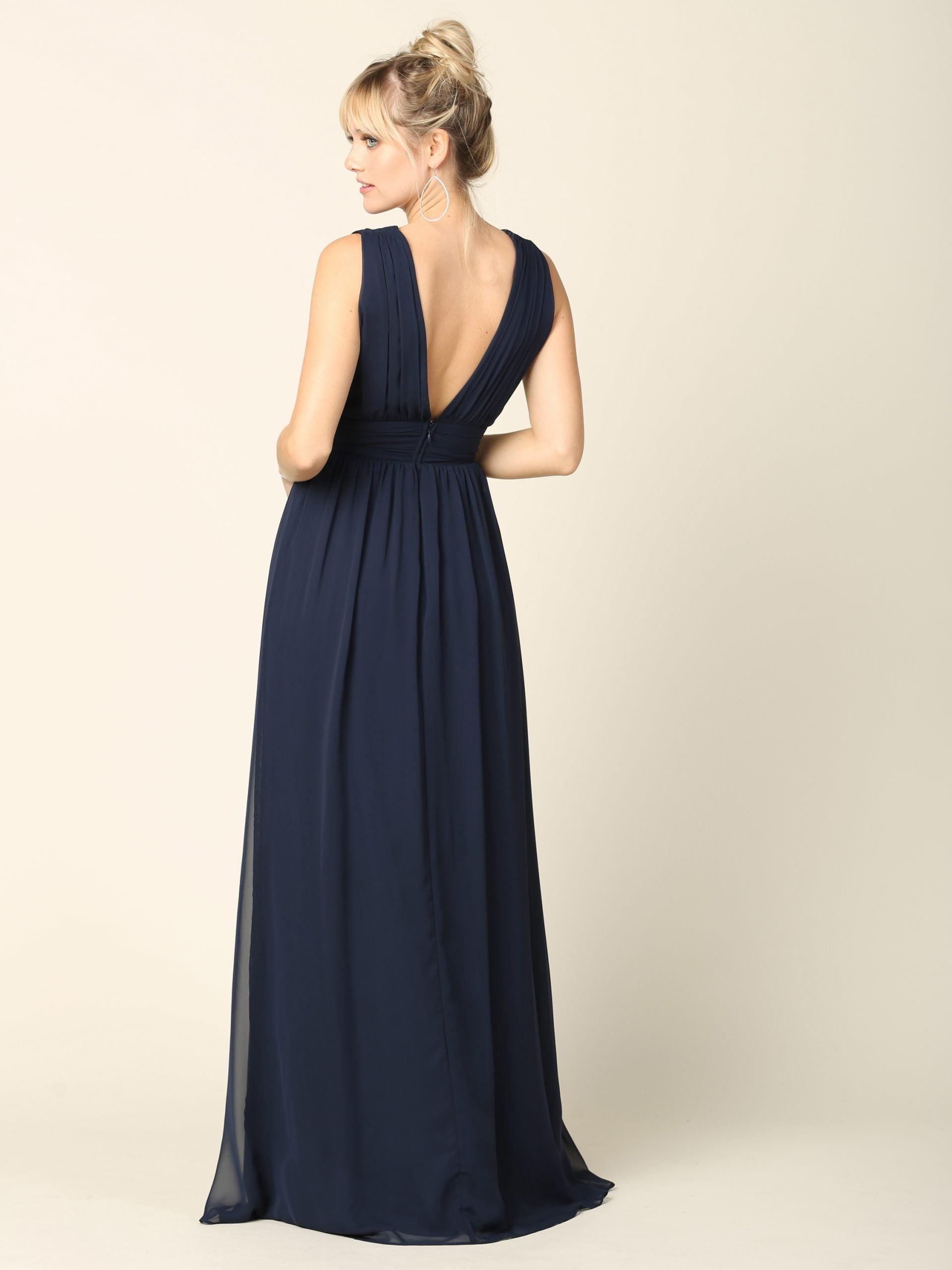 Long Sleeveless Formal Bridesmaids V Neck Dress - The Dress Outlet