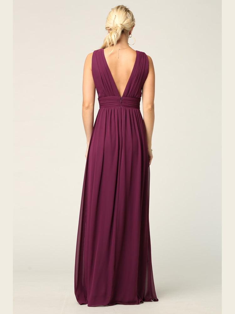 Long Sleeveless Formal Bridesmaids V Neck Dress - The Dress Outlet