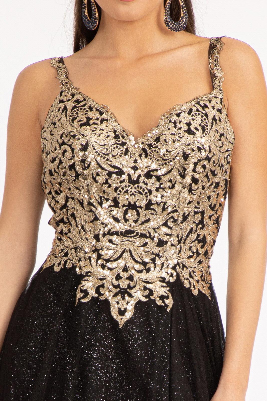 Long Sleeveless Formal Glitter Prom Slit Dress - The Dress Outlet