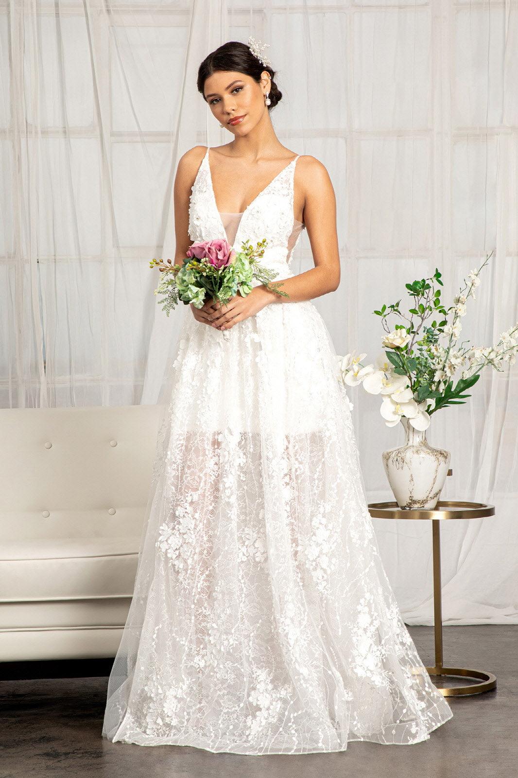 Long Spaghetti Strap Floral Applique Wedding Dress - The Dress Outlet