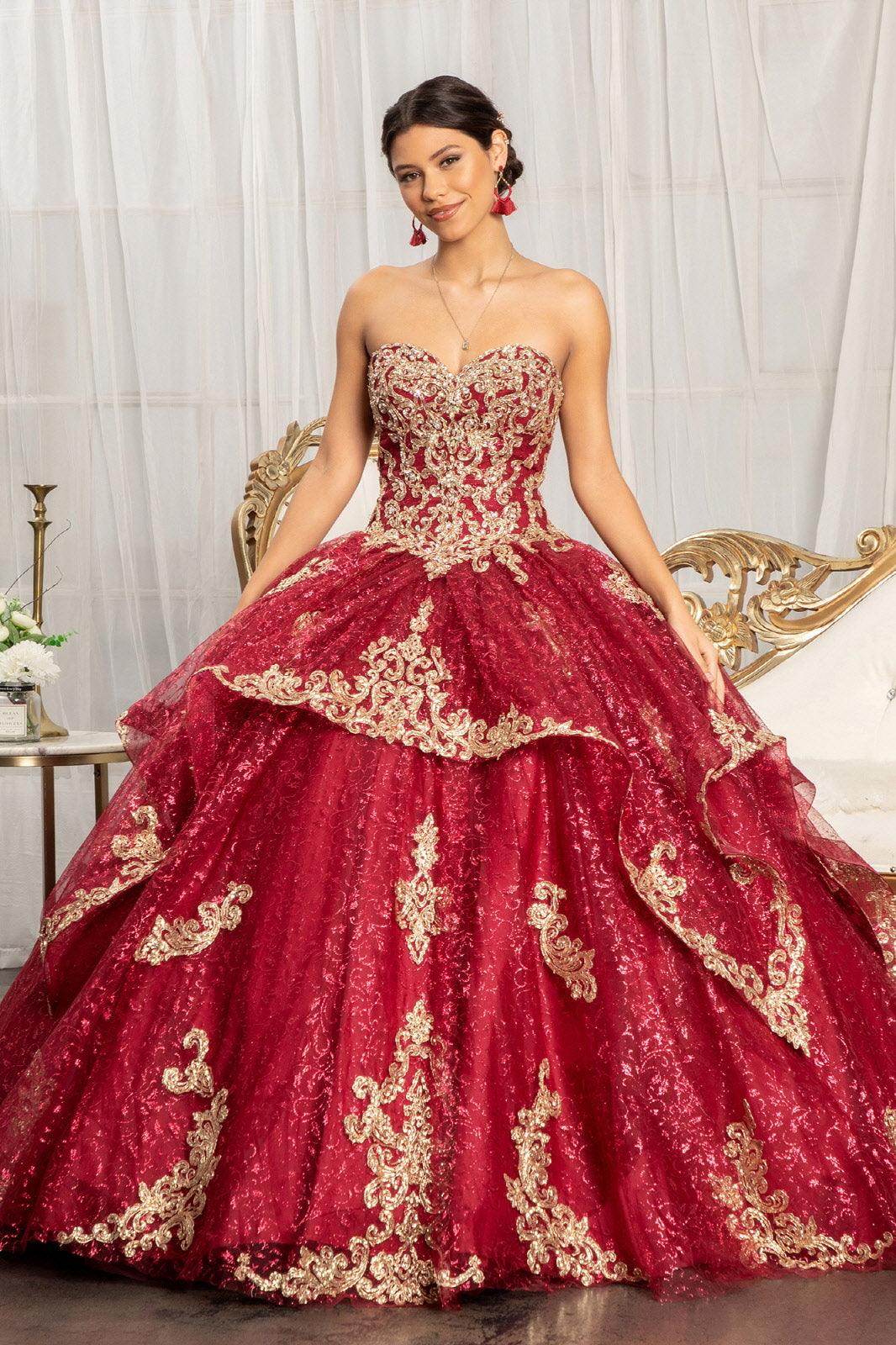 Burgundy Long Strapless Ball Gown Glitter Quinceanera Dress for $806.99, –  The Dress Outlet