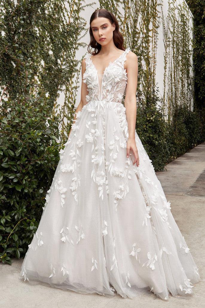 Andrea & Leo CDA1042W Long White Couture Floral Wedding Dress for