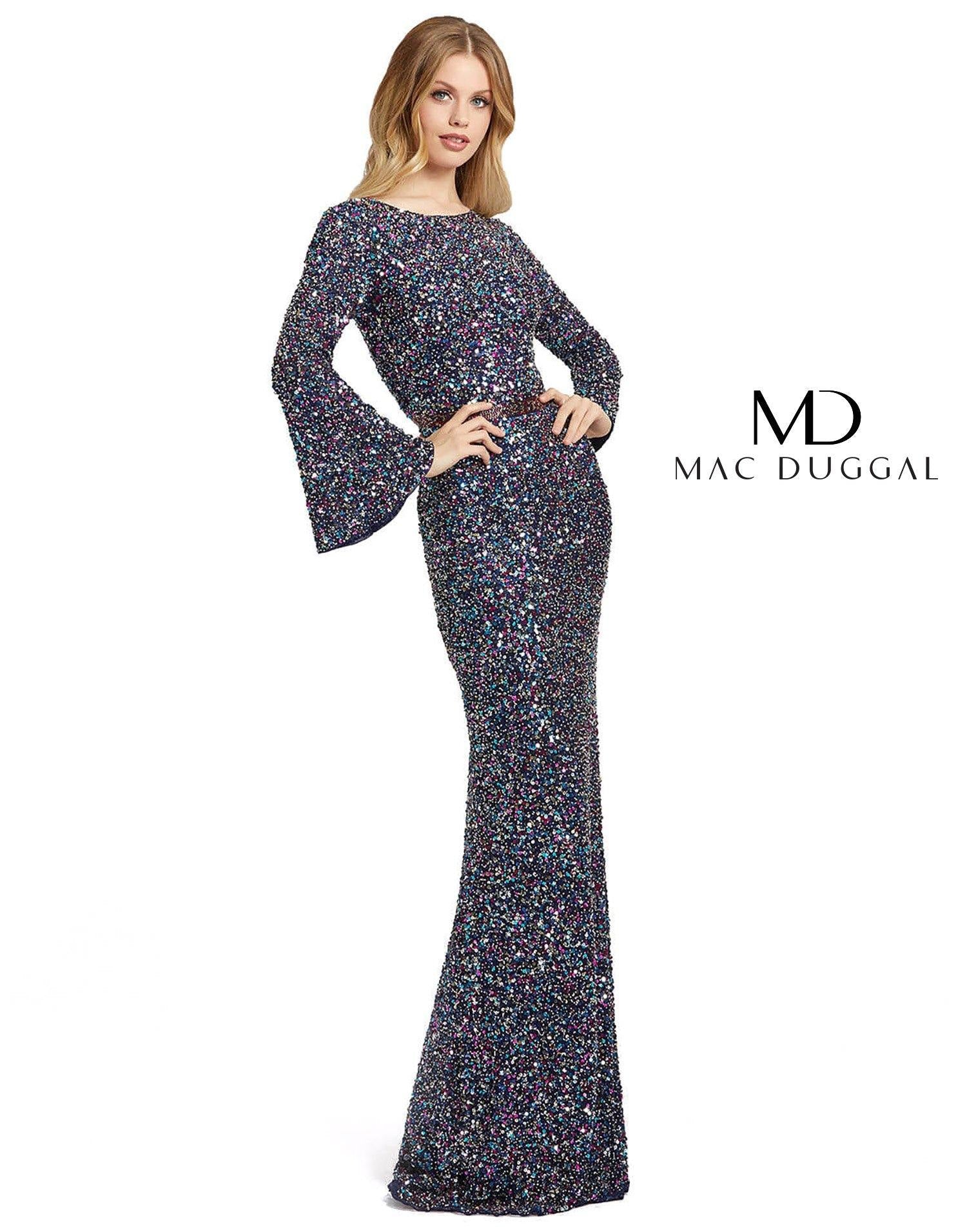 Navy/Multi Mac Duggal Bell Long Sleeve Evening Formal Dress for $398.0 – The Dress Outlet