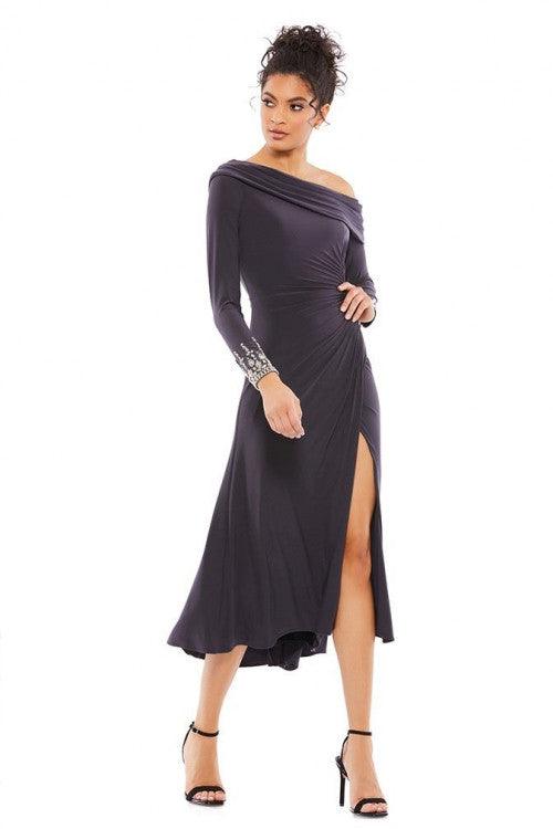 White Mac Duggal 26485 Foldover Long Sleeve Jeweled Midi Dress for $258 ...