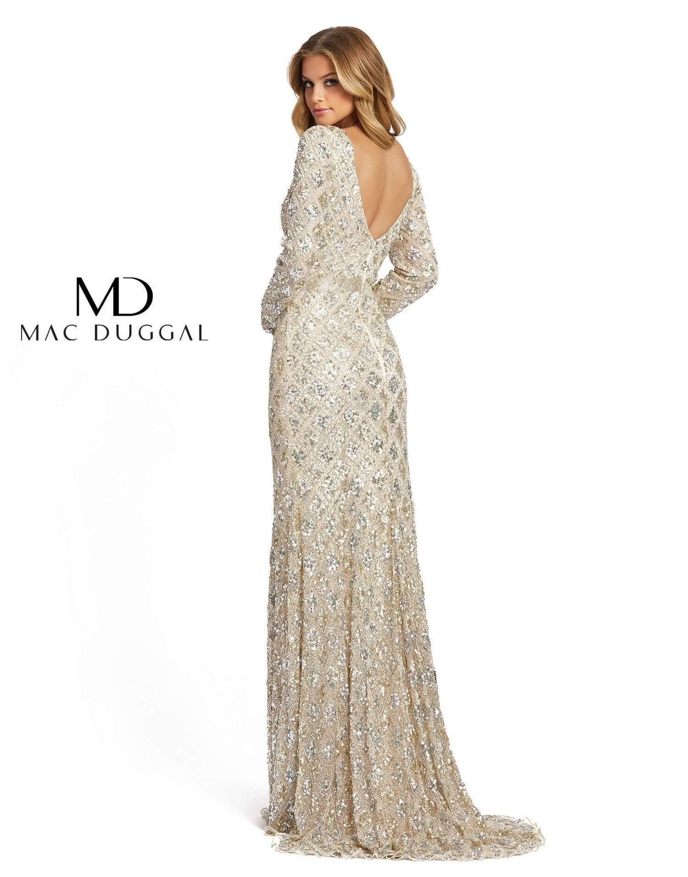 Mac Duggal Formal Long Sleeve Evening Sequins Dress Nude