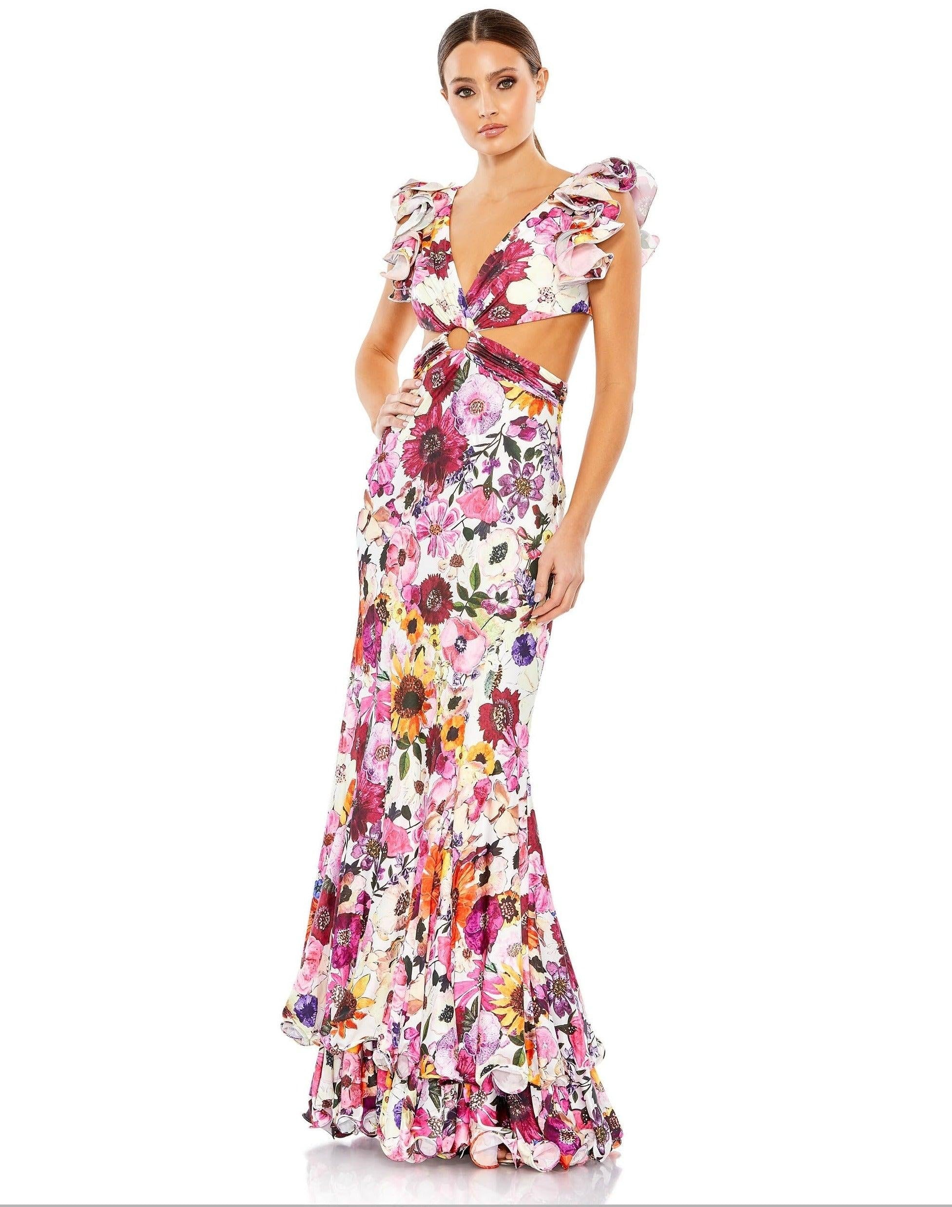 White Multi Mac Duggal 68107 Long Floral Print Formal Prom Gown for $398.0 – The Dress Outlet