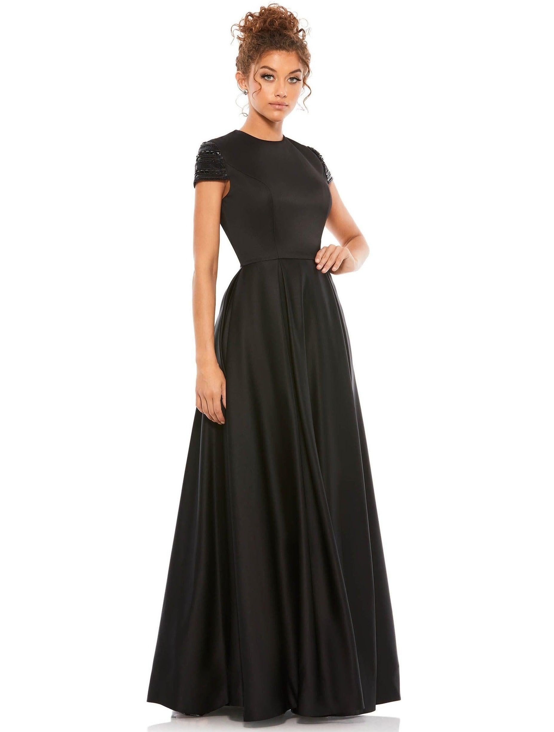 Black Mac Duggal 25947 Long Formal Cap Sleeve Evening Gown for $398.0 – The Dress Outlet
