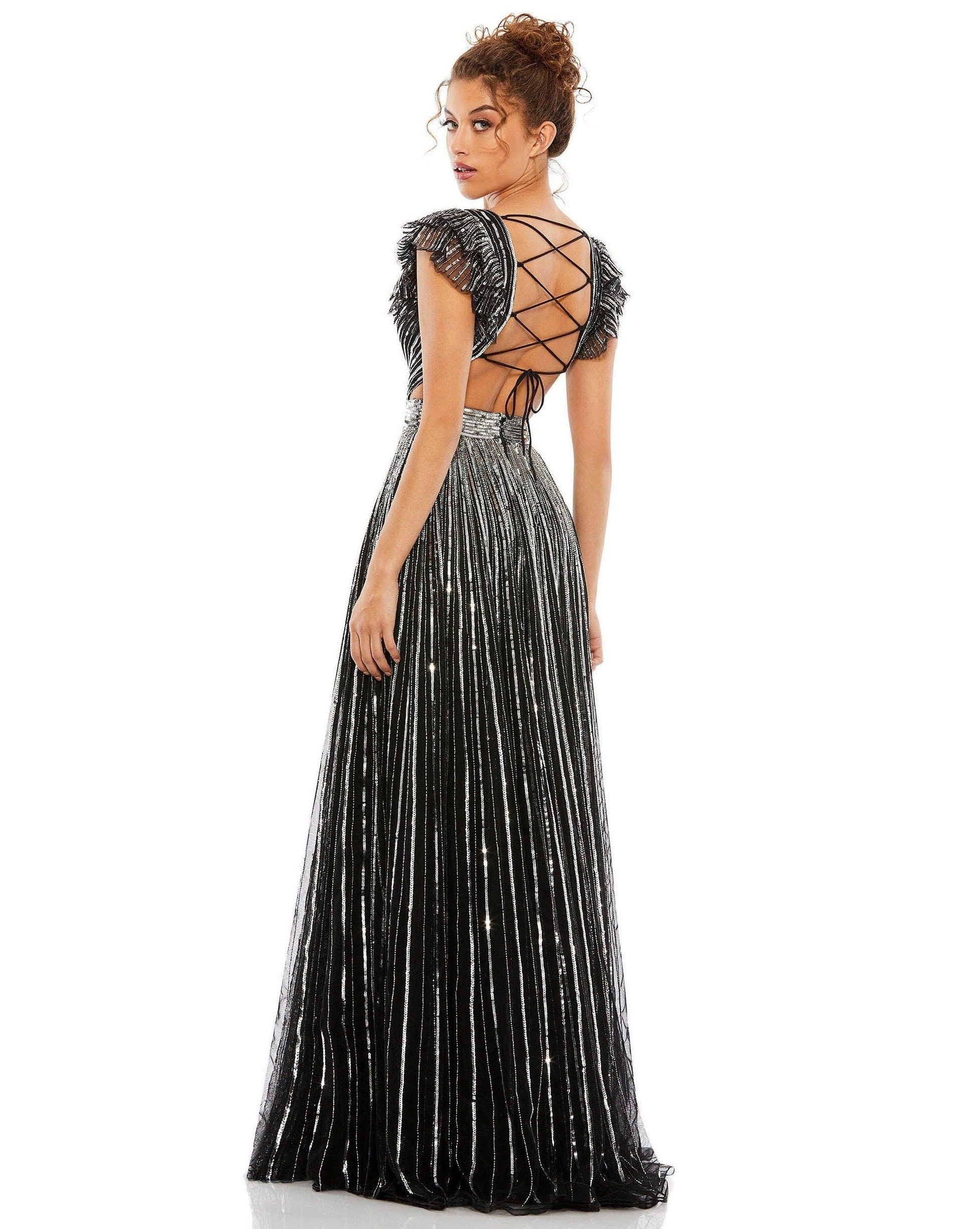 Prom Dresses Long Formal Cap Sleeve Prom Dress Black Silver