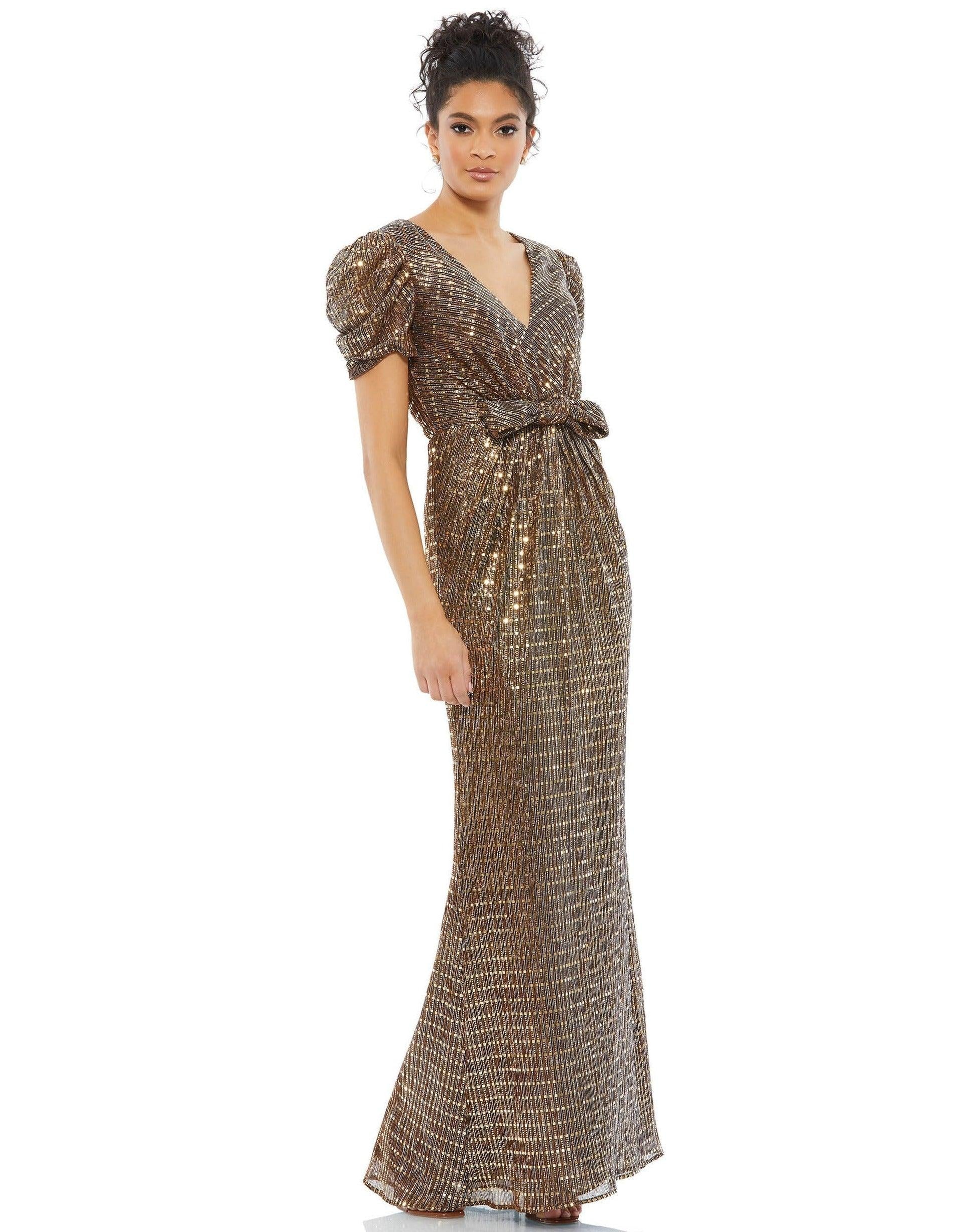 Bronze Mac Duggal 26661 Long Formal Metallic Dress for