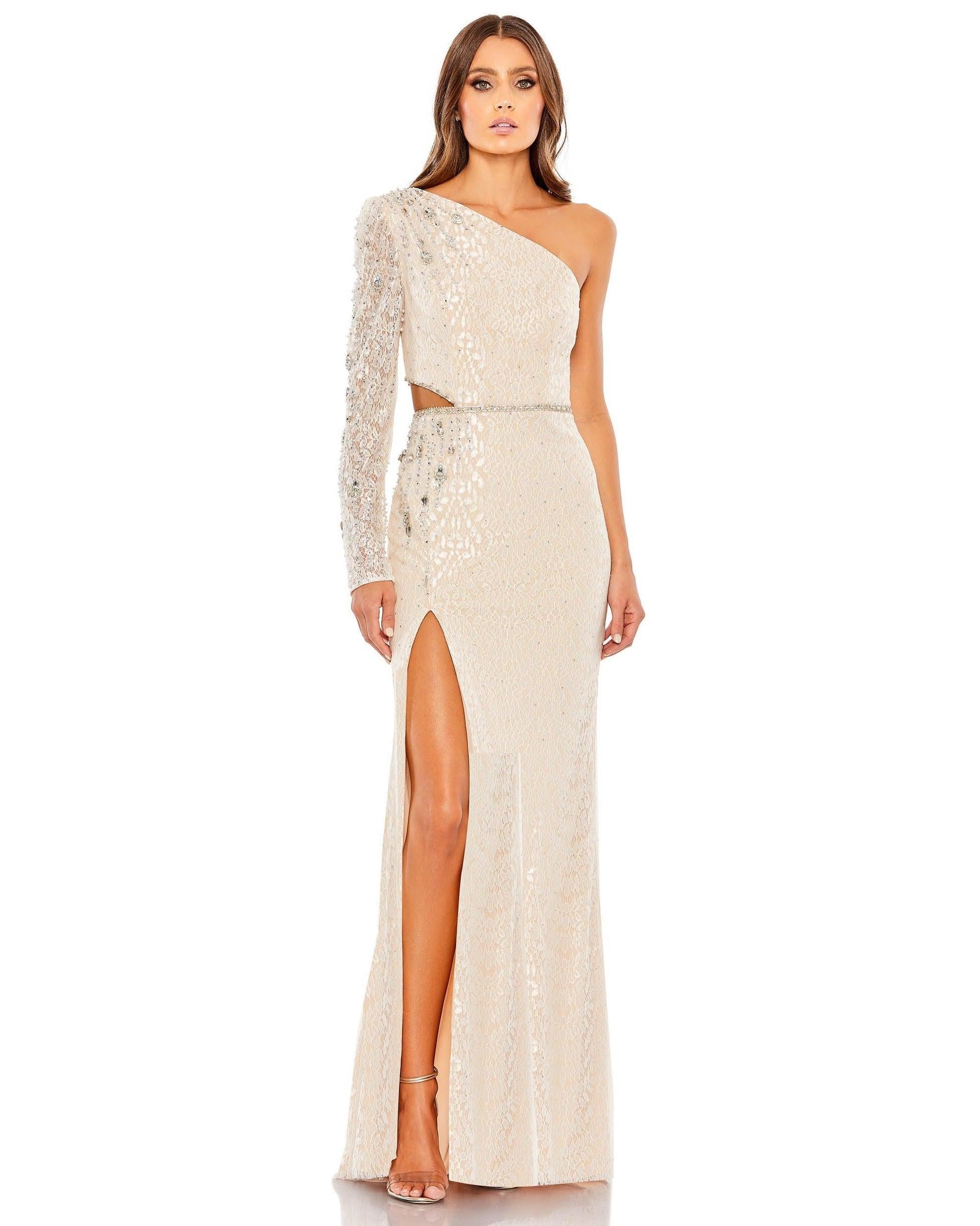 Ivory Nude Mac Duggal 11306 Long Formal One Shoulder Lace Gown for $698 ...