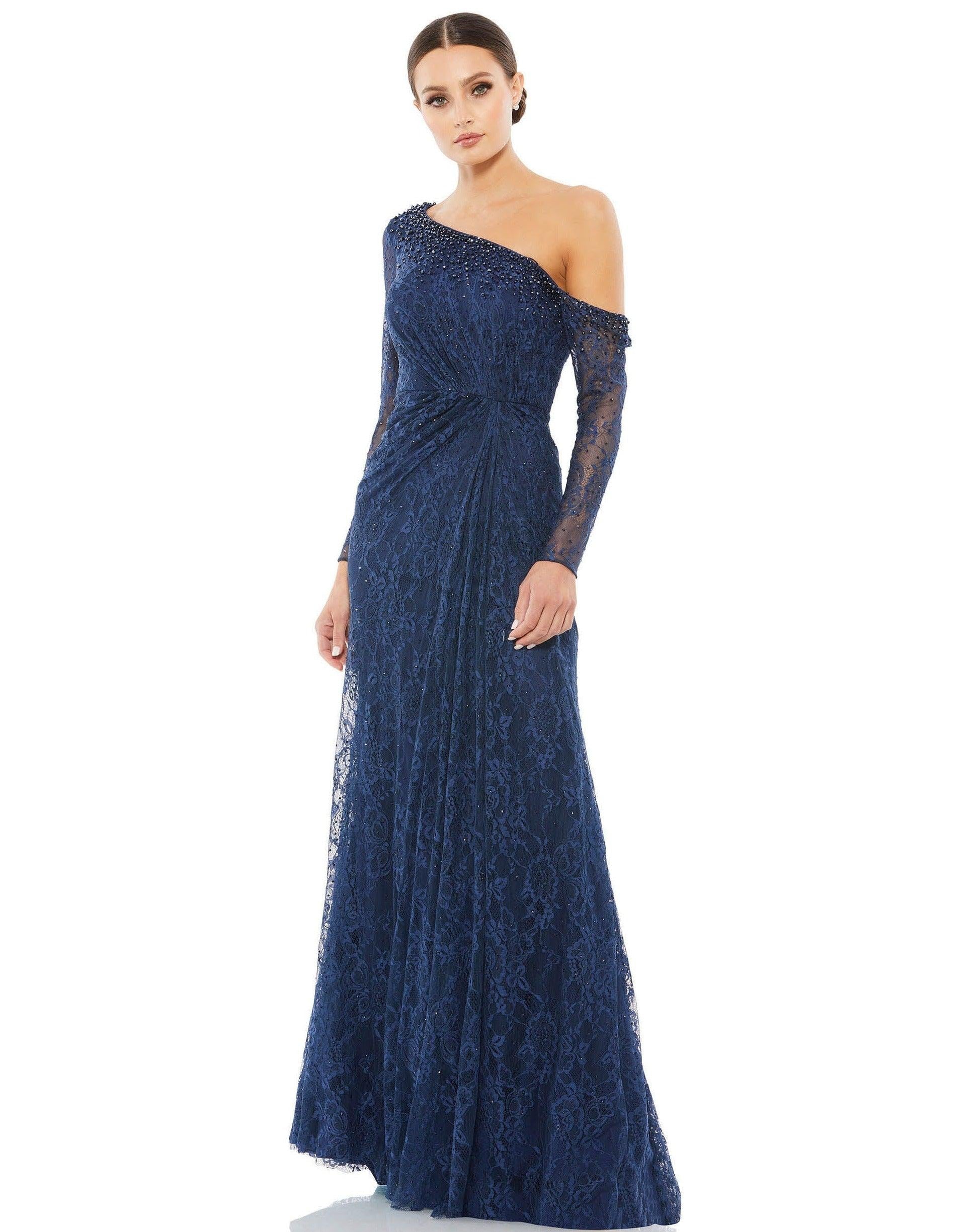 Navy Mac Duggal 67852 Long One Shoulder Formal Dress