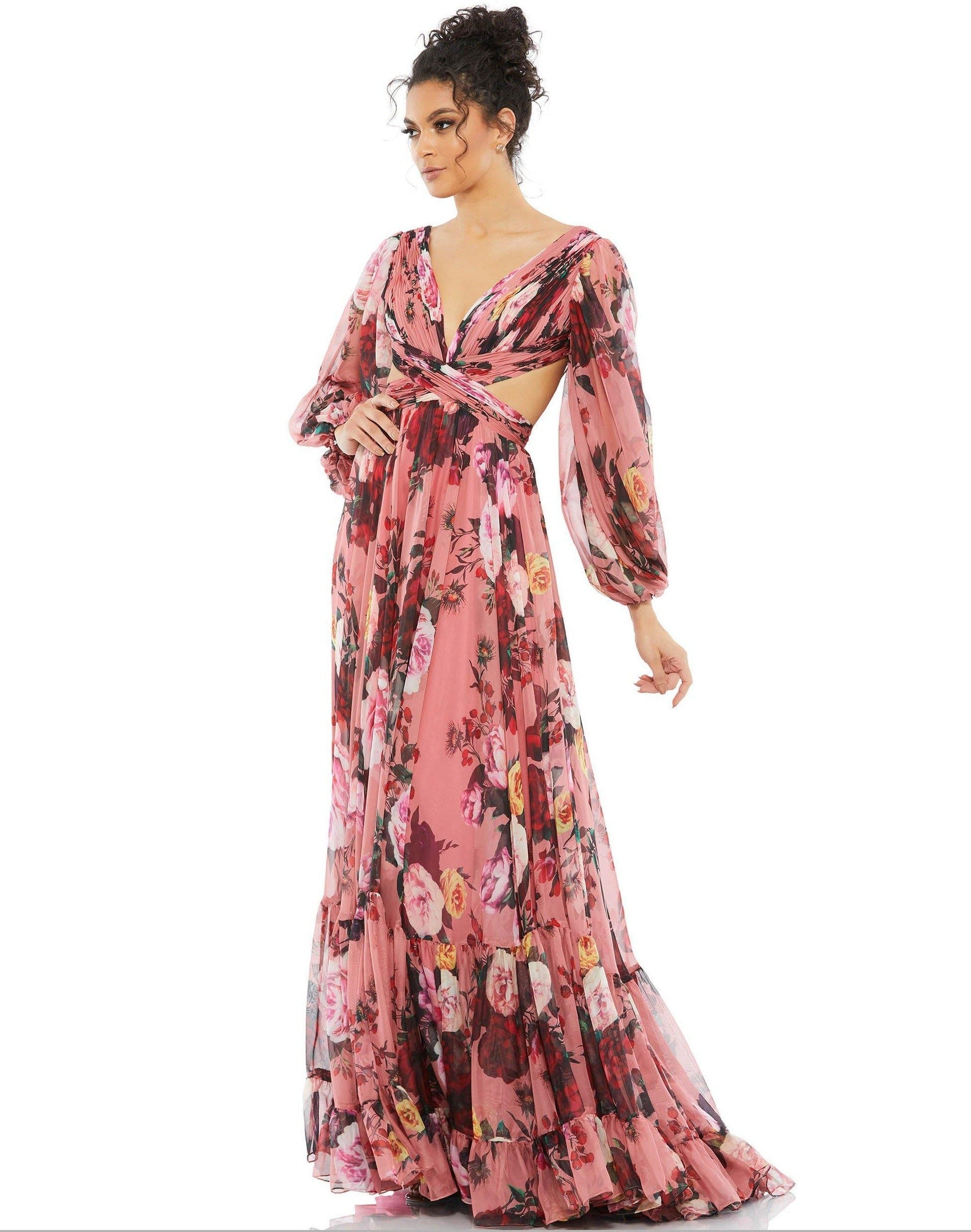 Rose Multi Mac Duggal 67946 Long Sleeve Floral Chiffon Dress