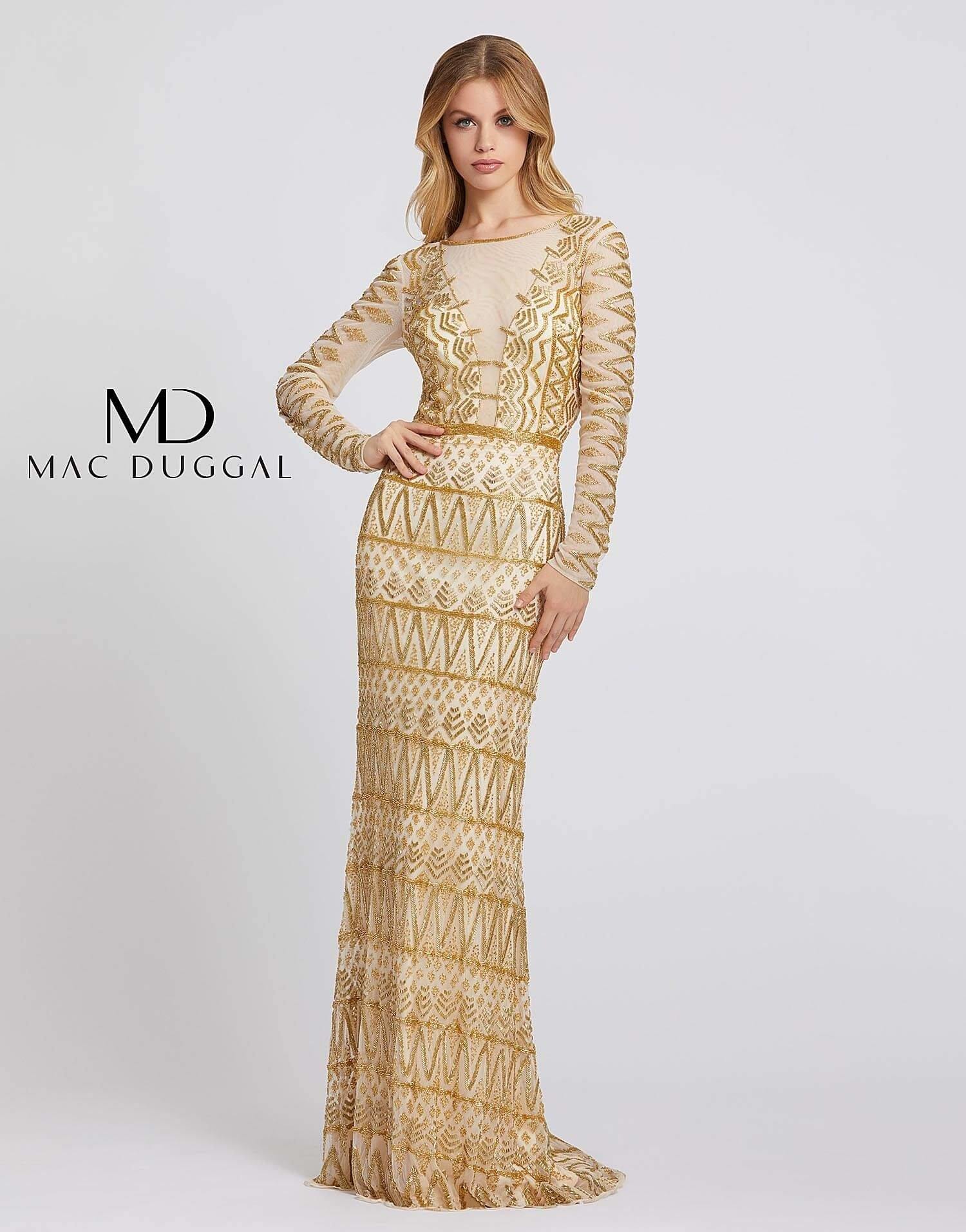 Gold Mac Duggal 4724 Long Sleeve Formal Evening Dress