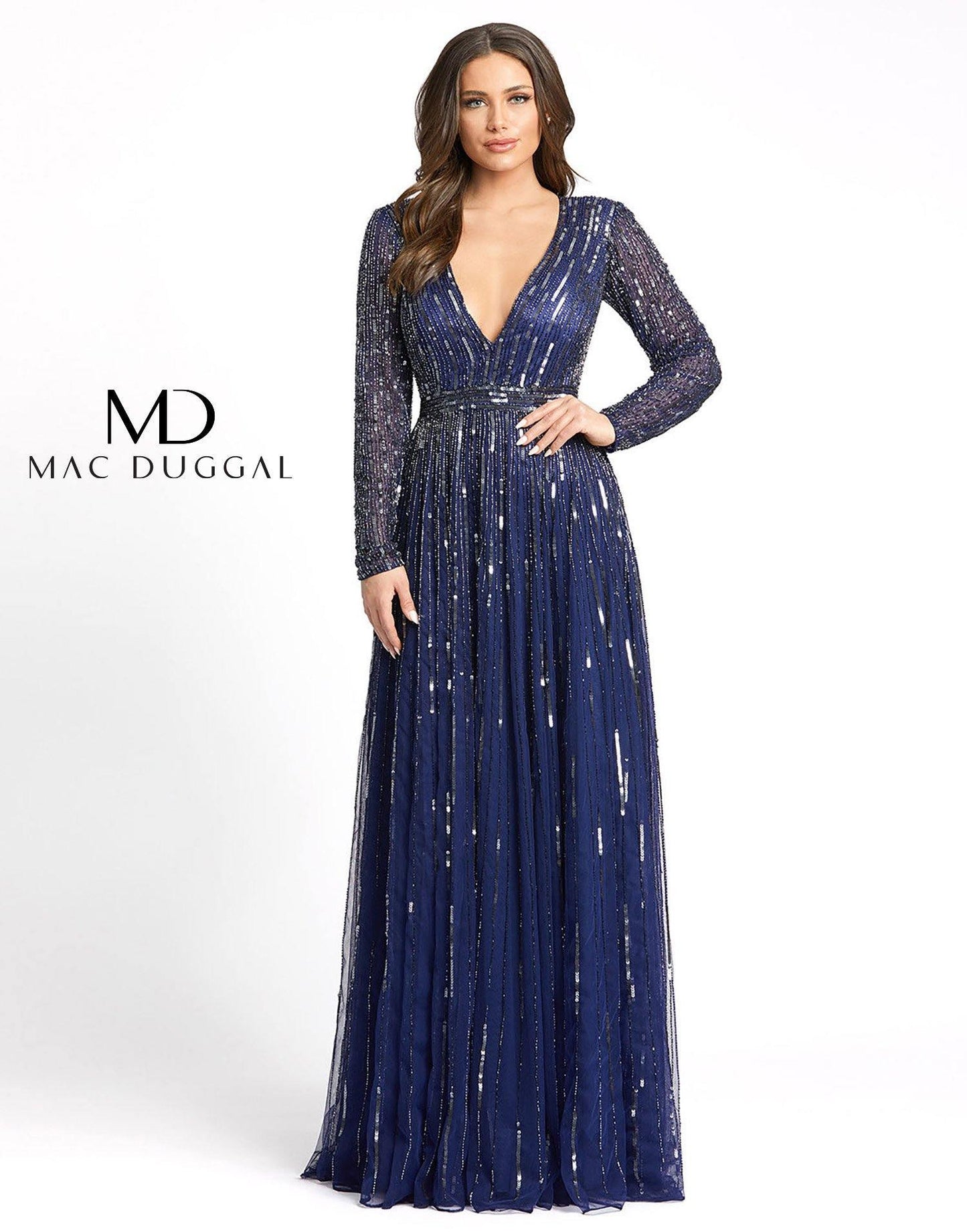 Mac Duggal Long Sleeve Sequins A Line Evening Dress - The Dress Outlet