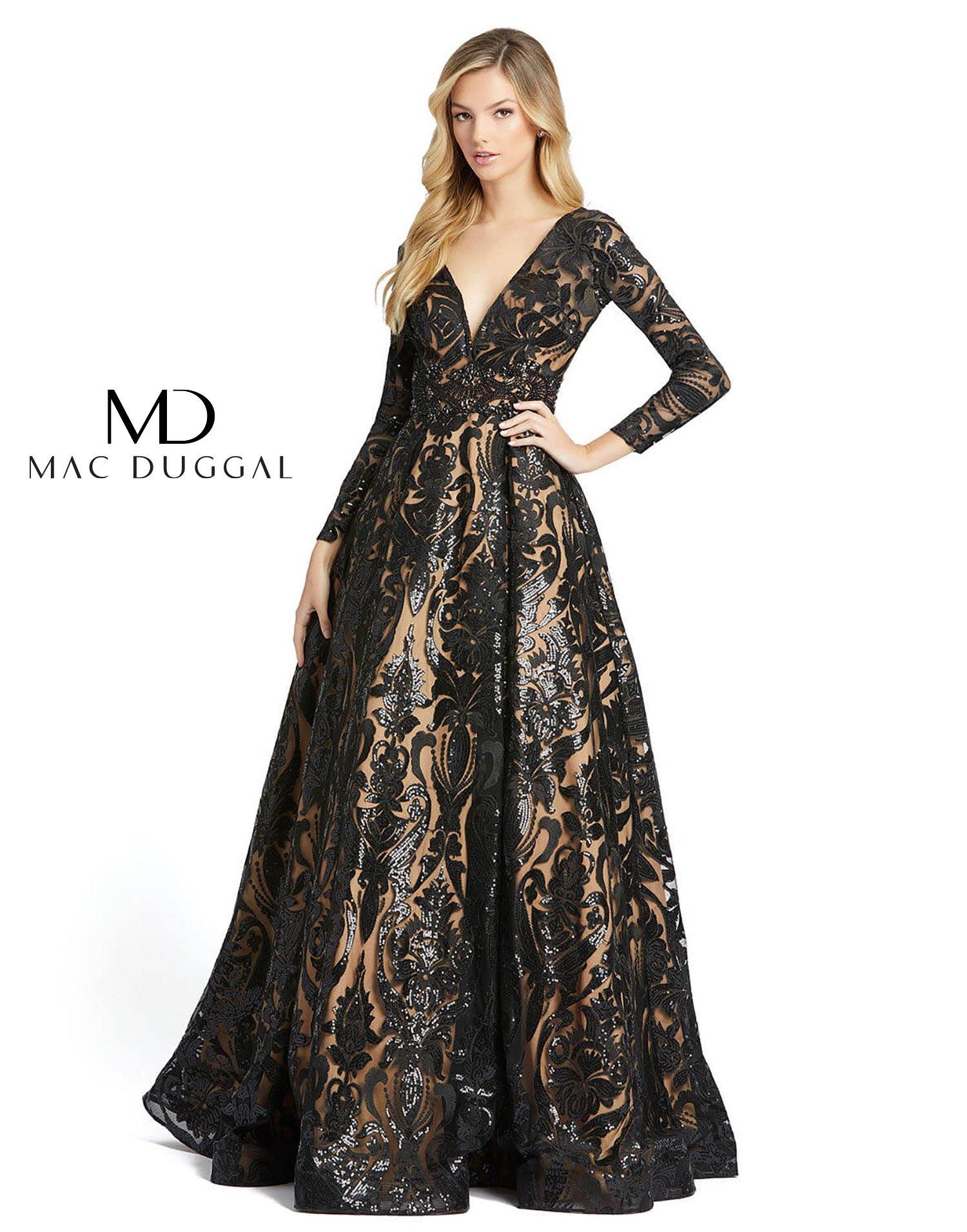 Black Mac Duggal Long Sleeve Sequins Deep V Neck Ballgown