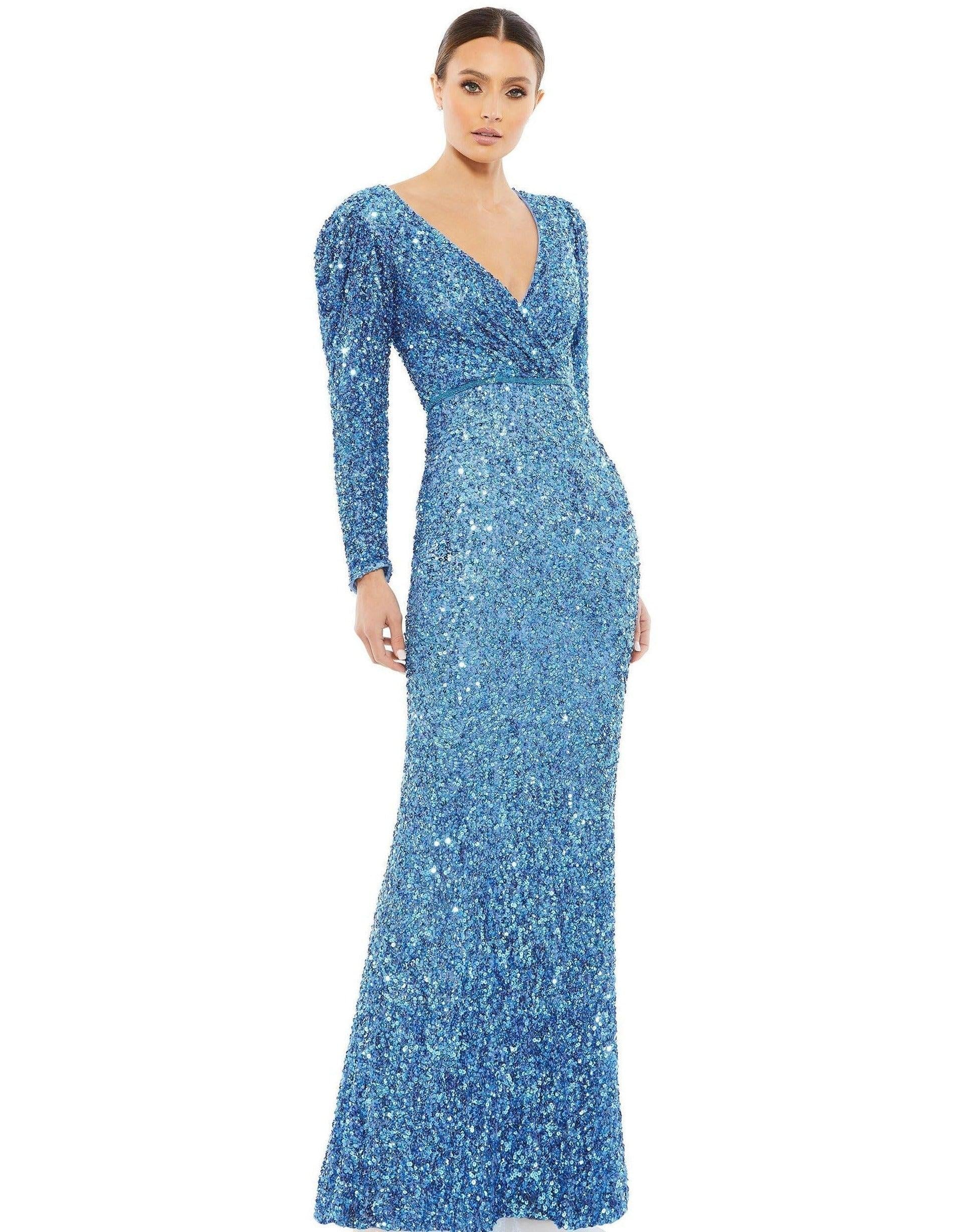 French Blue Mac Duggal 5510 Long Sleeve Sequins Formal Dress Sale for