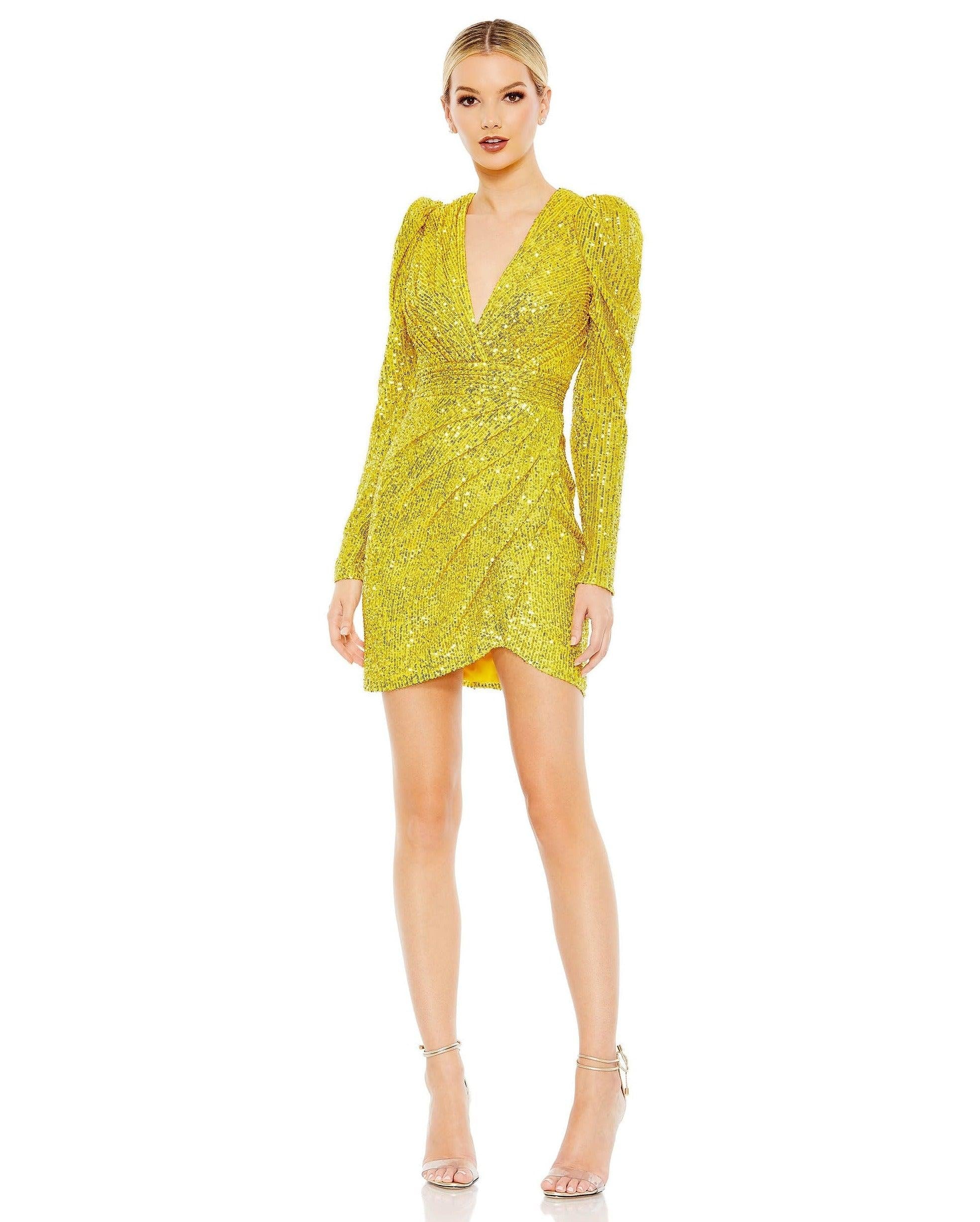 Yellow Mac Duggal 26944 Long Sleeve Short Dress for $358.0 – The Dress ...