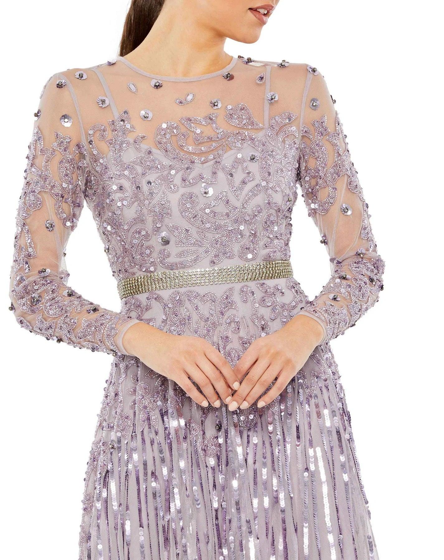 Mac Duggal Long Sleeve Tea Length Dress 93633 - The Dress Outlet