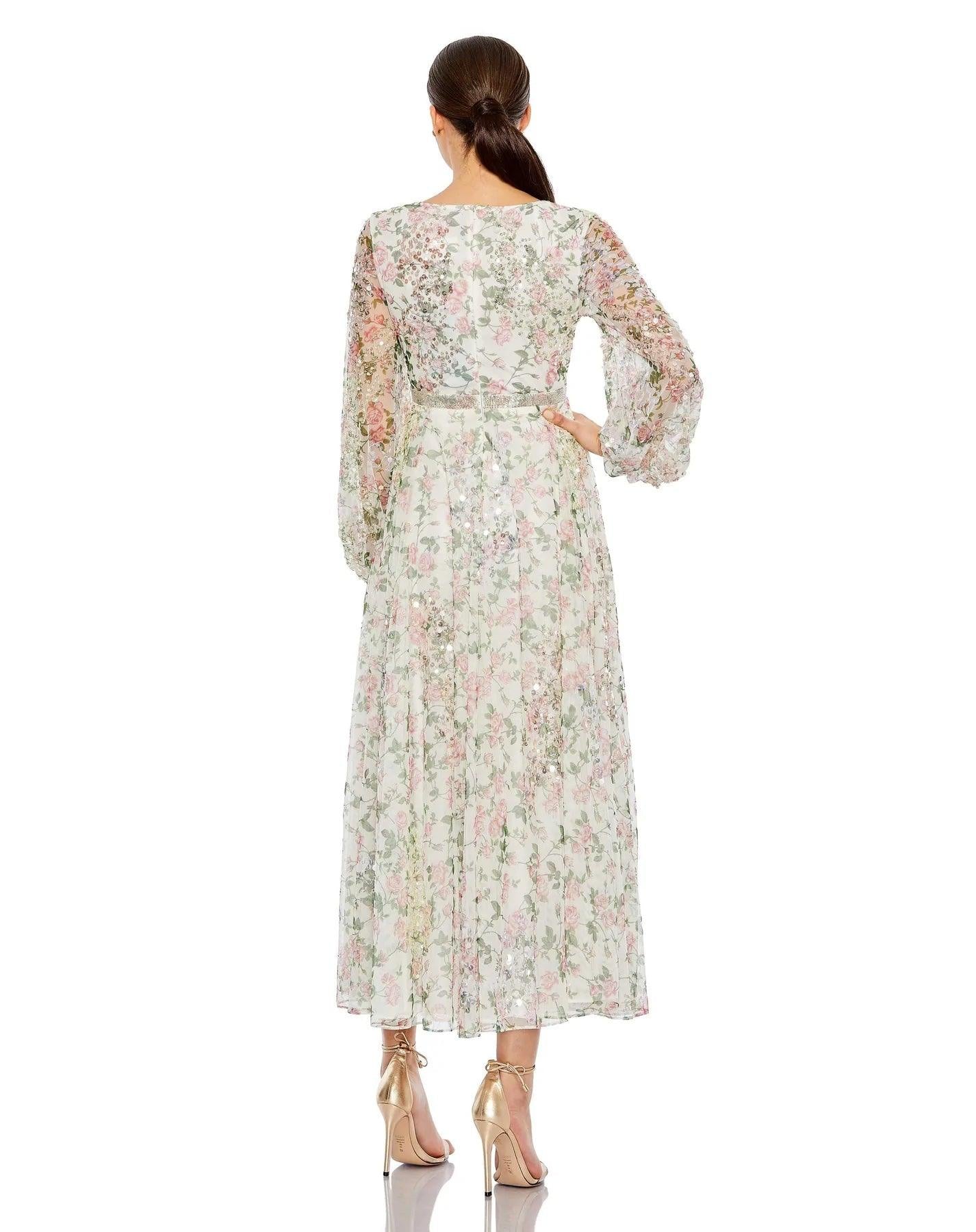 Mac Duggal Long Sleeve Formal Tea Length Dress 93788 - The Dress Outlet