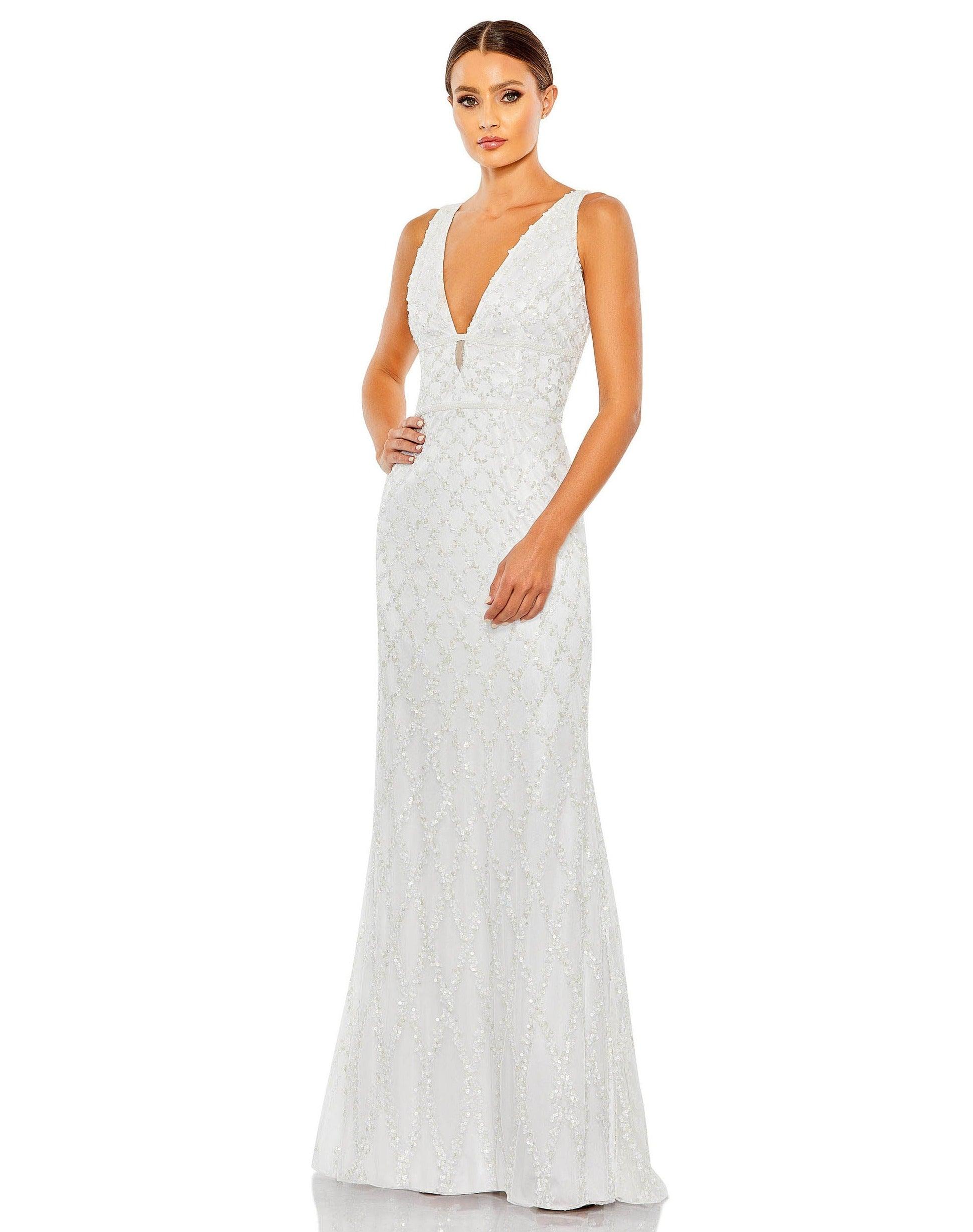 White Mac Duggal 5669 Sleeveless Formal Dress for $398.0 – The Dress Outlet
