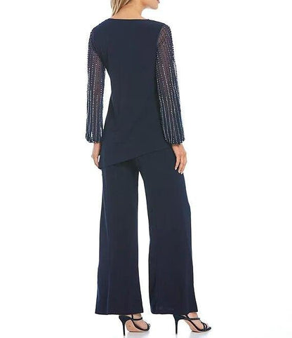 Marina Beaded Long Sleeve 2 Piece Formal Pant Set - The Dress Outlet