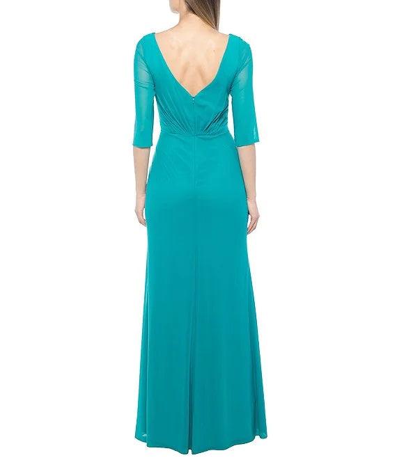 Marina Long Formal 3/4 Sleeve Pleated Chiffon Gown - The Dress Outlet