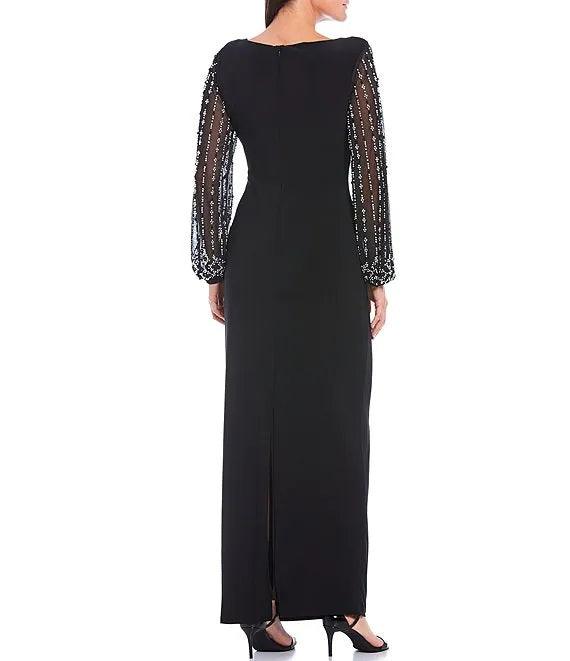 Marina Long Sleeve Formal Beaded Chiffon Dress - The Dress Outlet