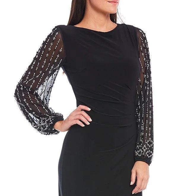 Marina Long Sleeve Formal Beaded Chiffon Dress - The Dress Outlet
