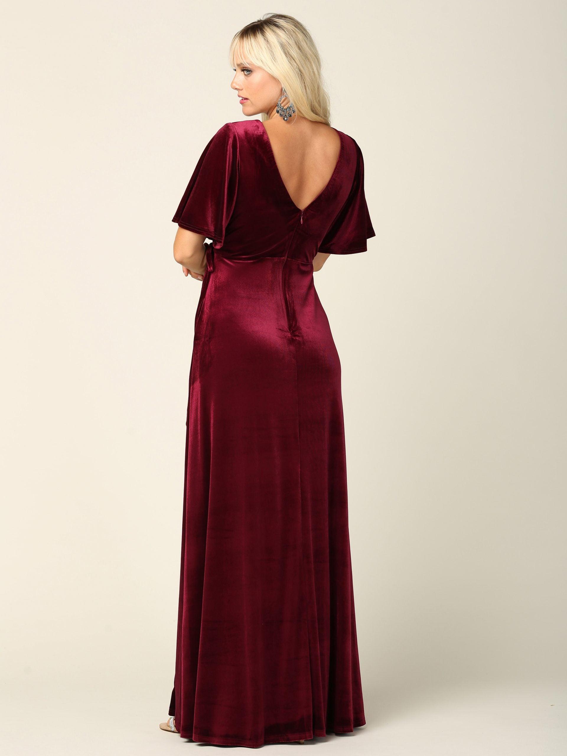 Mother of the Bride Long Flutter Sleeve Velvet Gown - The Dress Outlet