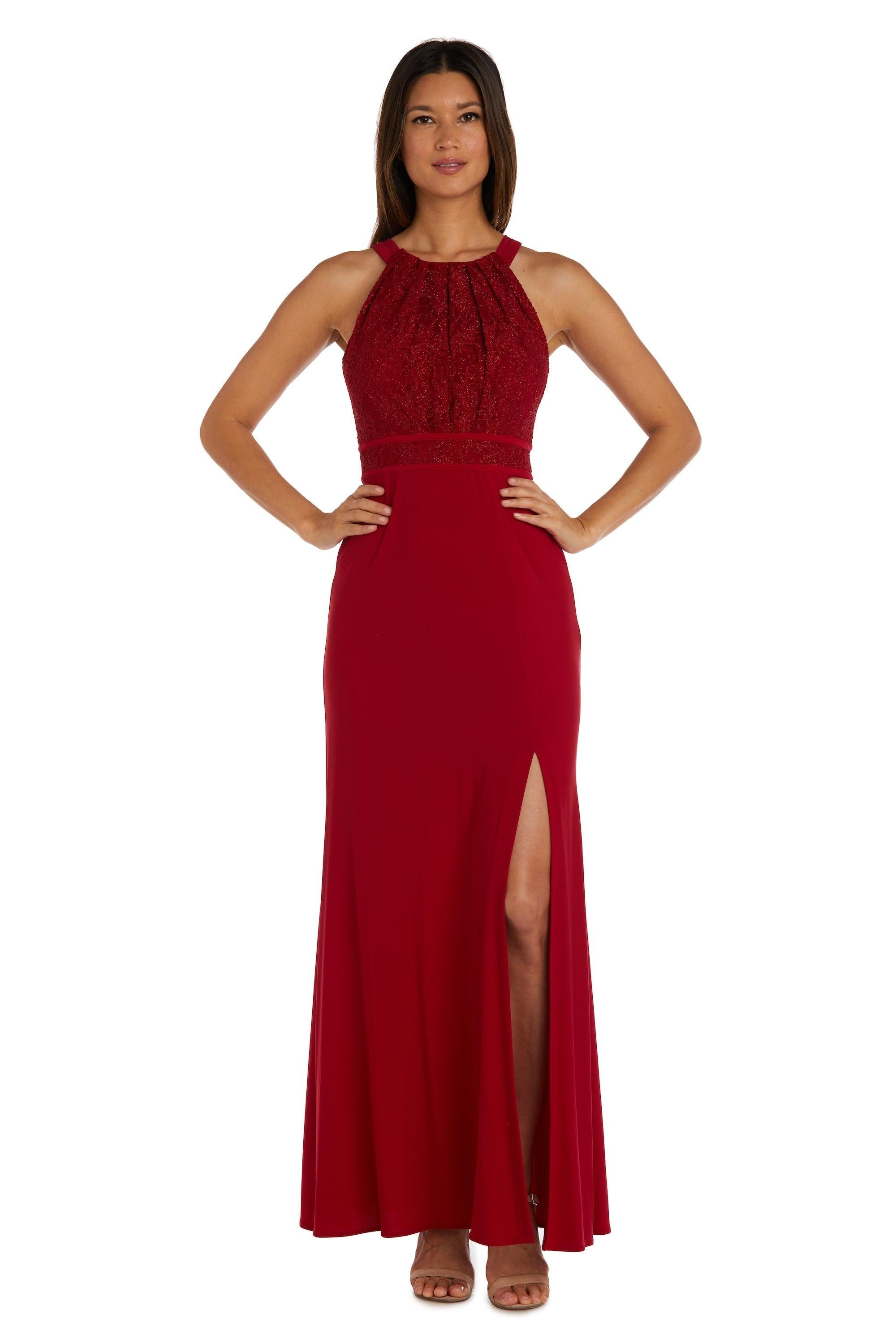 Nightway Long Halter Pleated Lace Formal Gown 21799 | The Dress Outlet