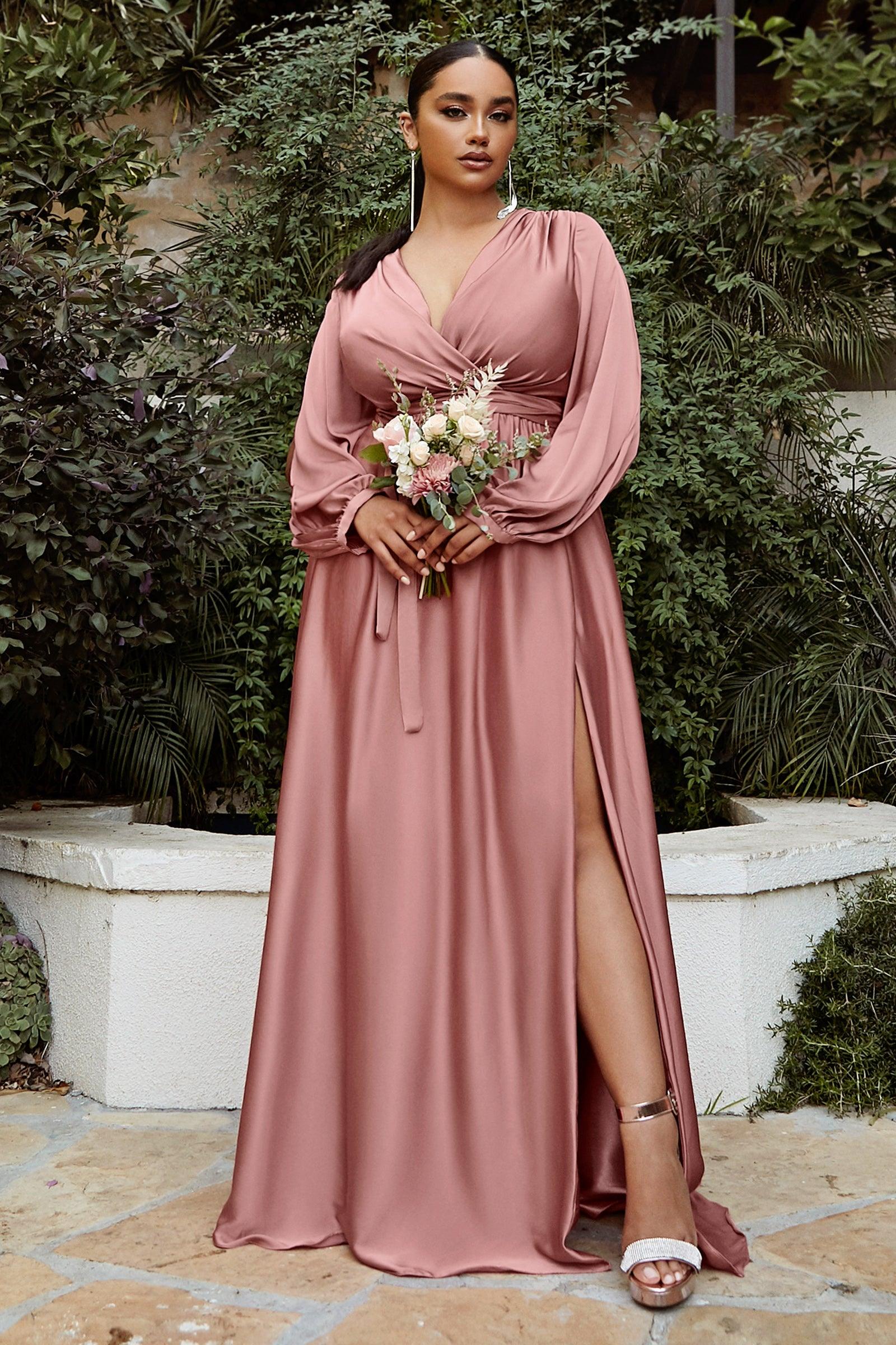 Rose Gold Cinderella Divine 7475C Plus Size Formal Long Sleeve Satin Dress  for $149.0 – The Dress Outlet