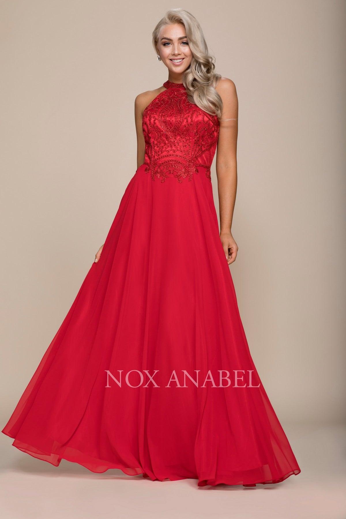 Red Prom Long Formal Halter Chiffon Dress