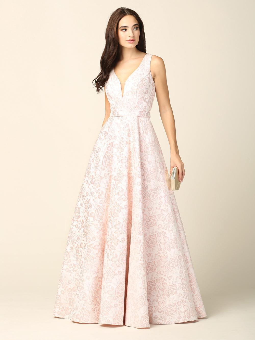 Prom Long Formal Sleeveless Jacquard Ball Gown - The Dress Outlet