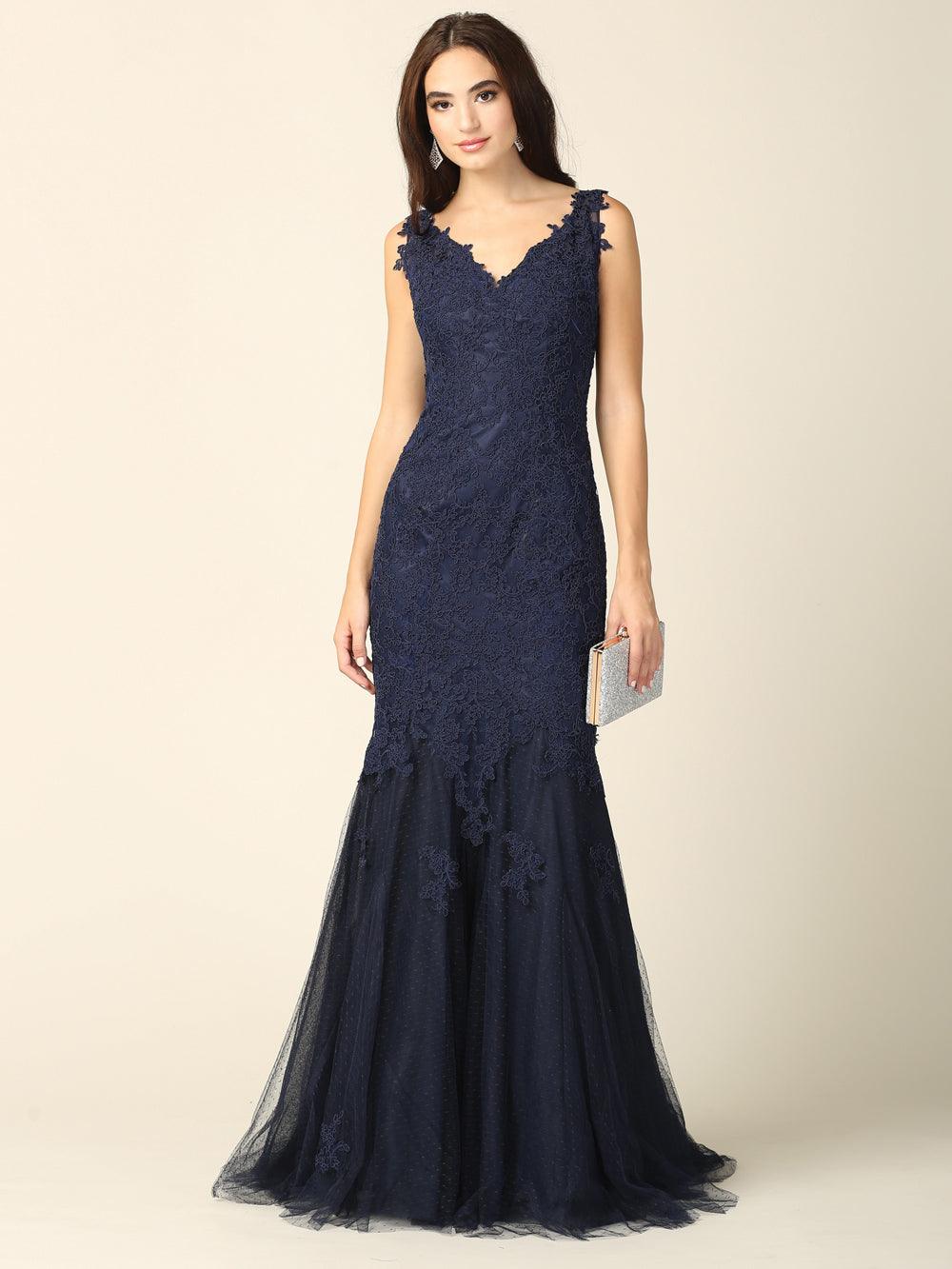 Navy Prom Long Sleeveless Formal Fitted Lace Dress