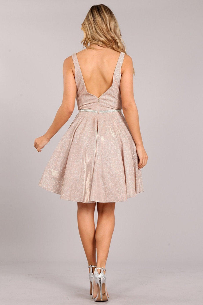 Prom Dresses Short Sleeveless Metallic Glitter Dress Rose Gold