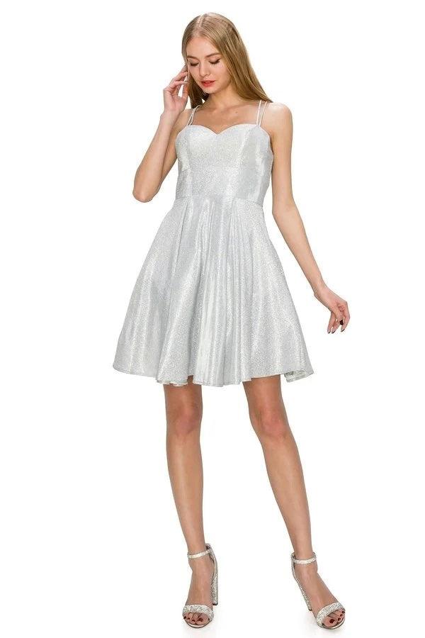 Prom Short Spaghetti Strap Metallic Glitter Dress - The Dress Outlet