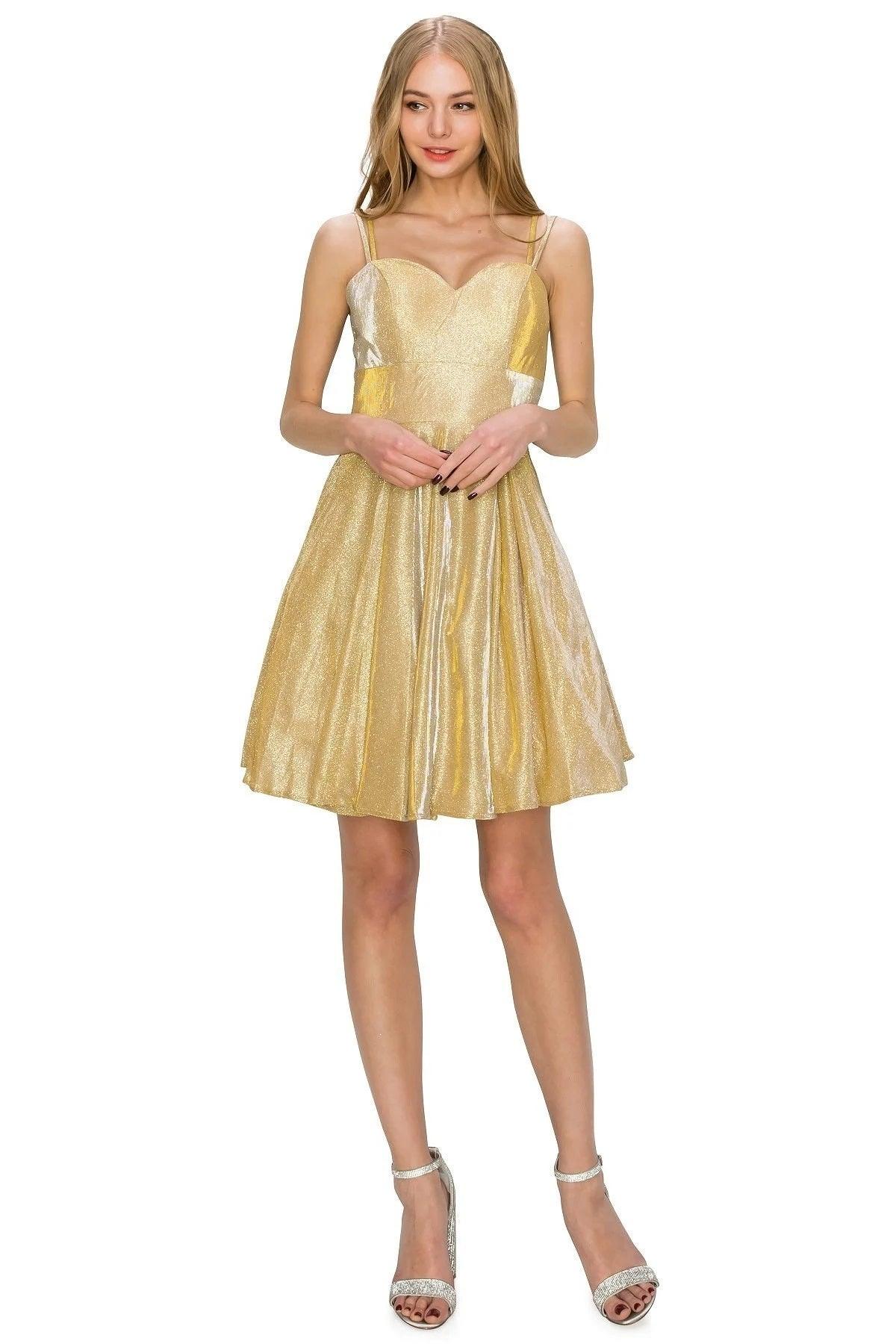 Prom Short Spaghetti Strap Metallic Glitter Dress - The Dress Outlet