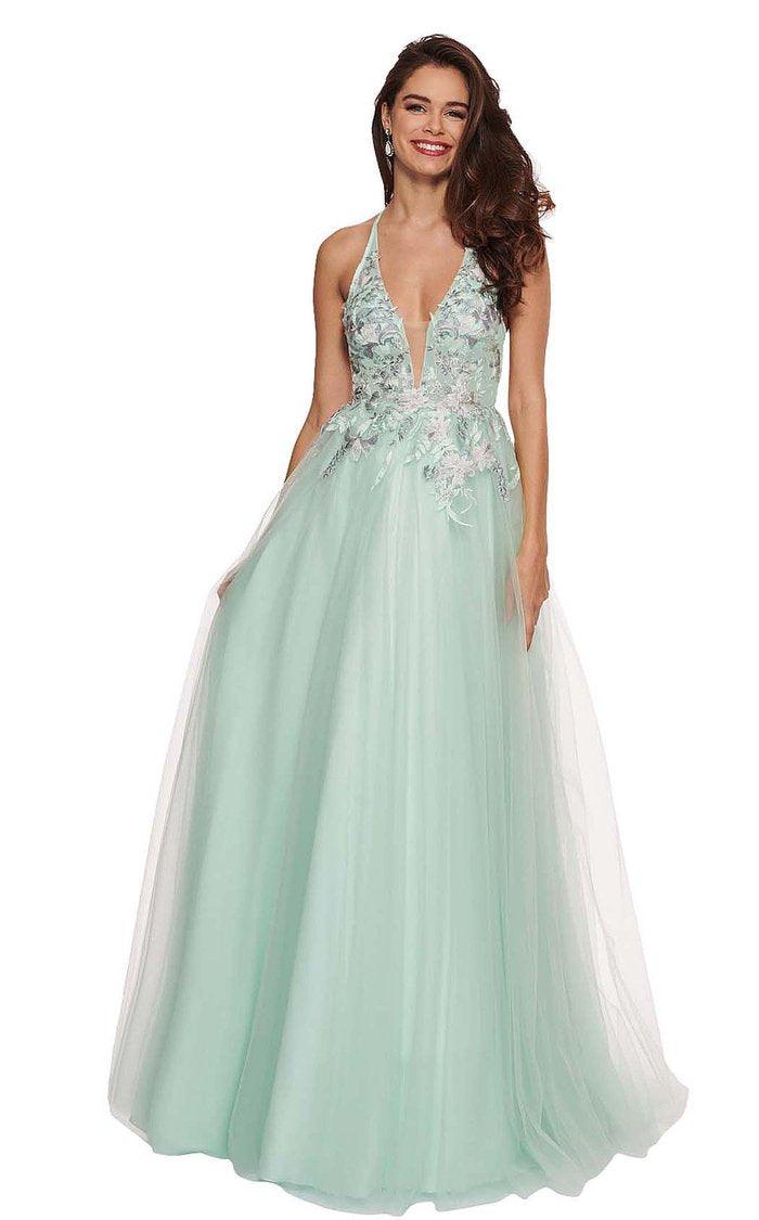 Mint Rachel Allan Long Halter Prom Floral Ball Gown 6587 Prom