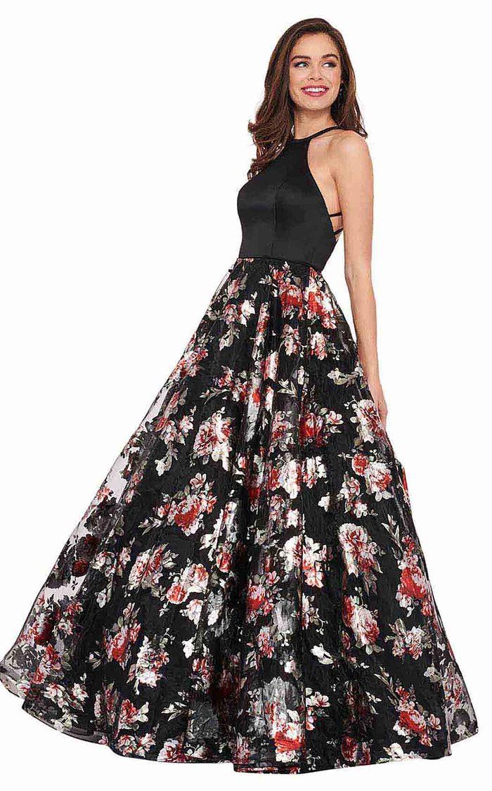 Black Rachel Allan Prom Long Halter Floral Ball Gown 6581 Prom