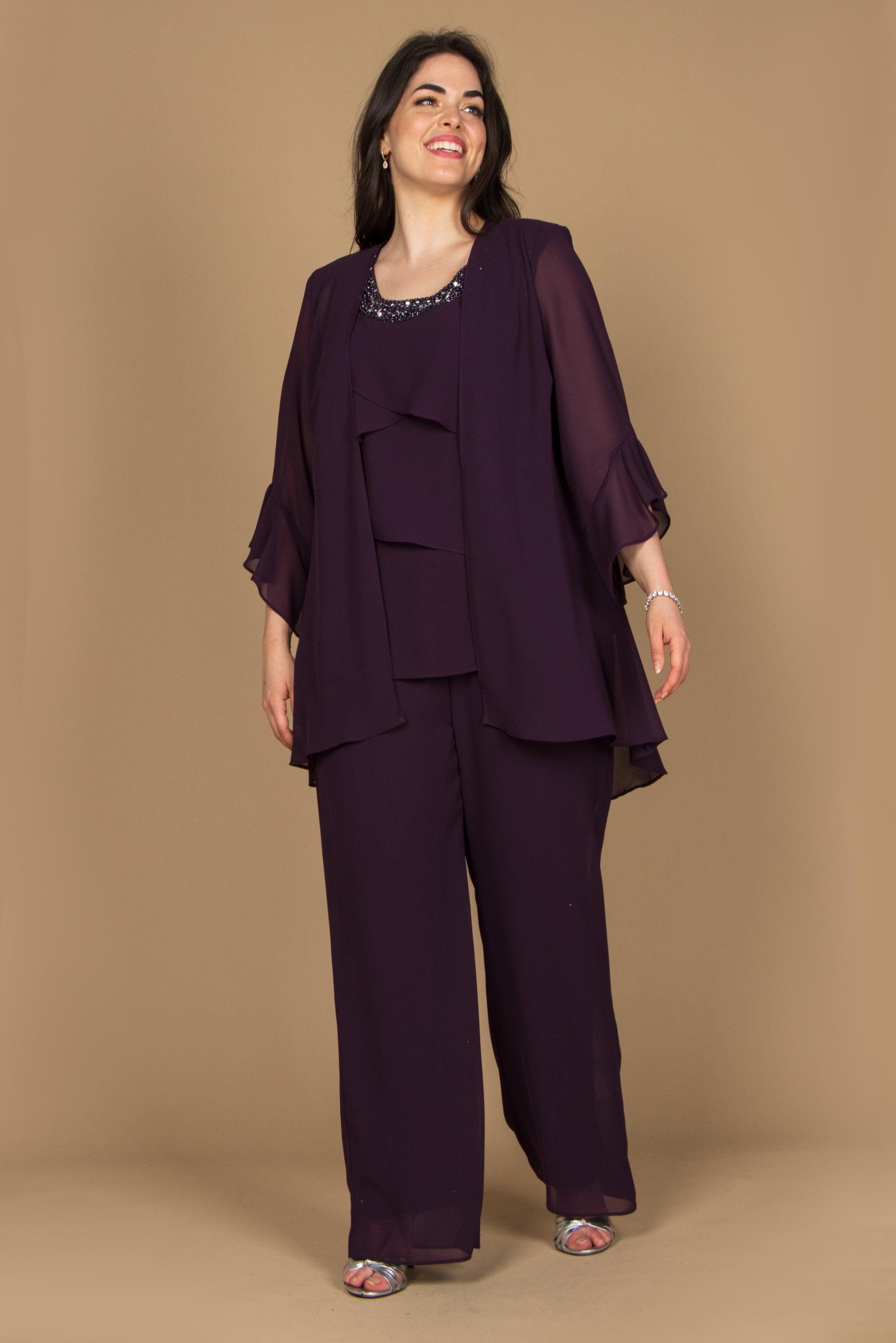 R&M Richards Plus Size Women's 3-Piece Sequin Pants Suit Set - Elegant Trousers, Top & Jacket