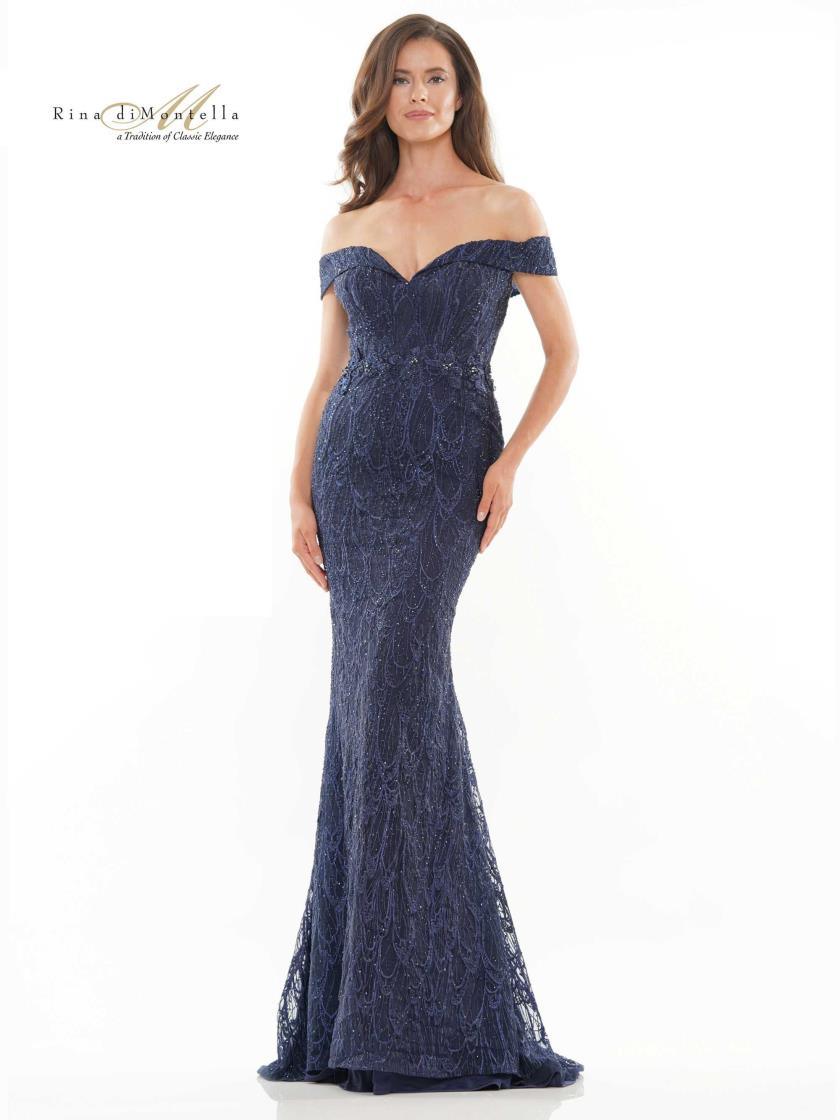Rina di Montella Beaded Off Shoulder Long Dress 2739 - The Dress Outlet