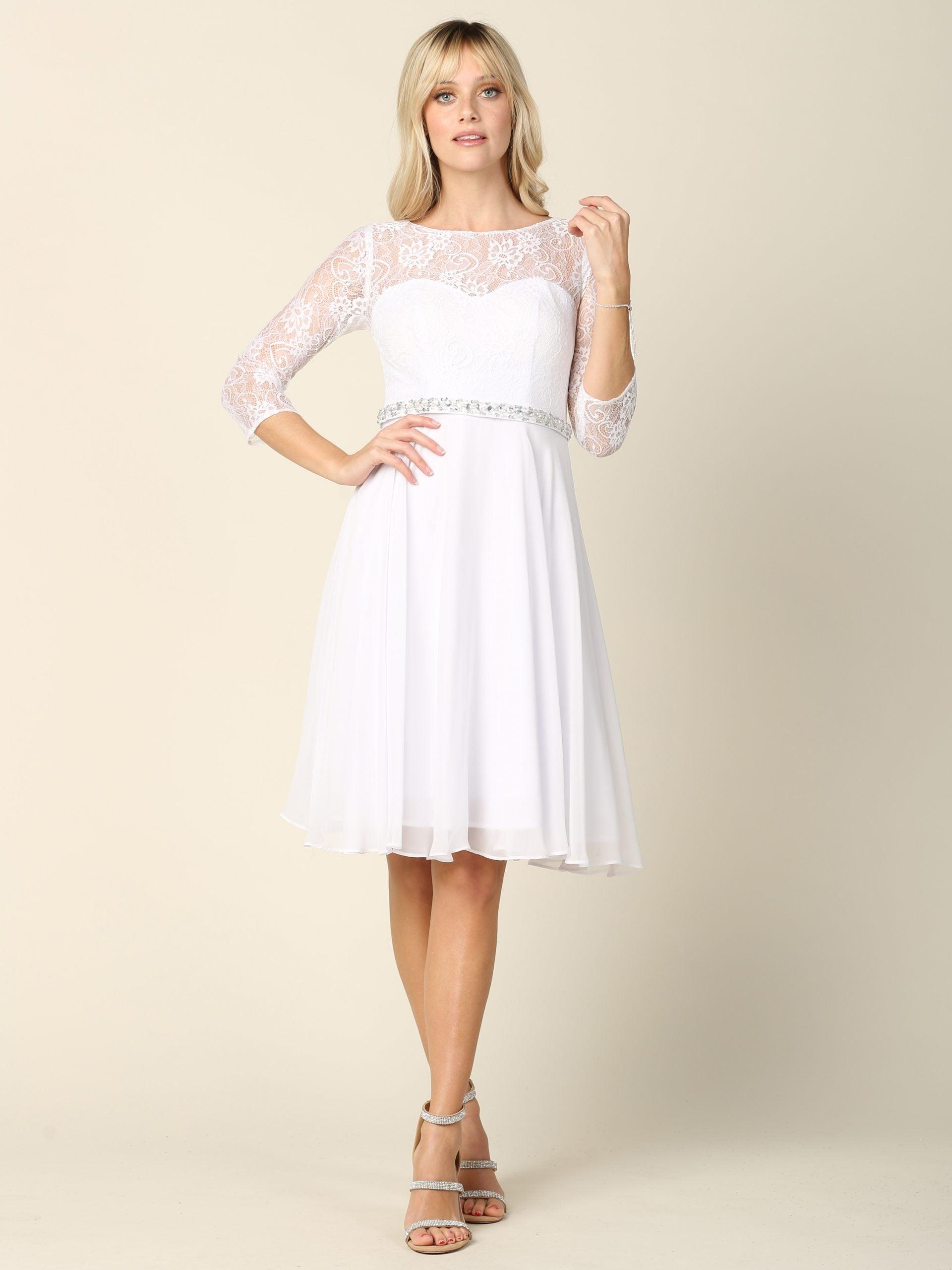 White Short 3/4 Sleeve Lace Cocktail Dress Formal Dresses Gowns