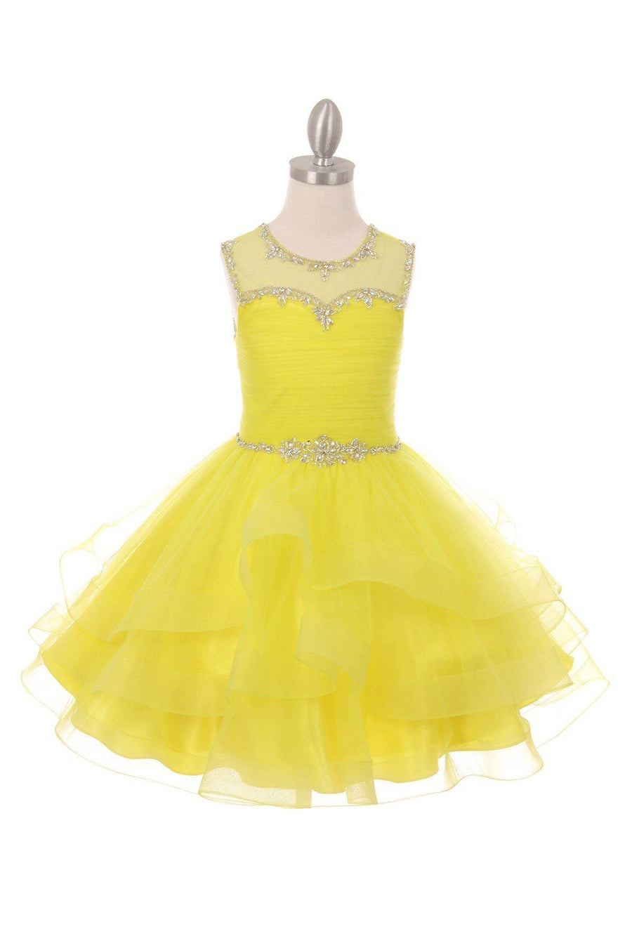 Short Beaded Illusion Neckline Flower Girl Dress Sale - The Dress Outlet