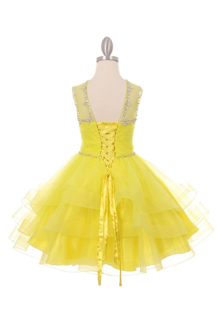Short Beaded Illusion Neckline Flower Girl Dress Sale - The Dress Outlet