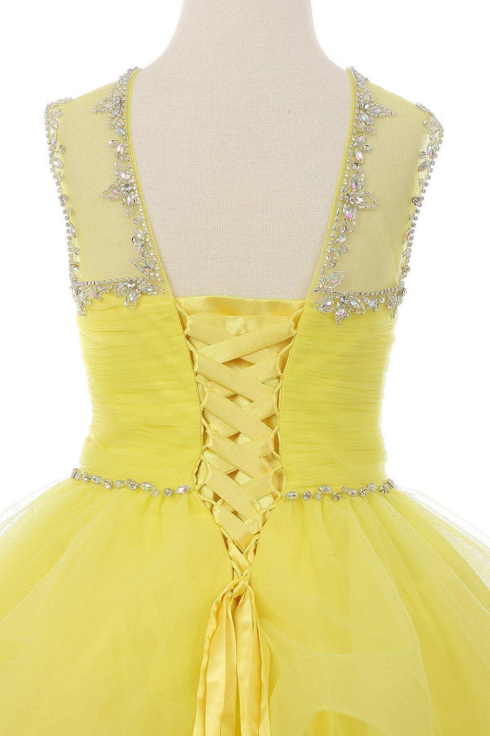 Short Beaded Illusion Neckline Flower Girl Dress Sale - The Dress Outlet