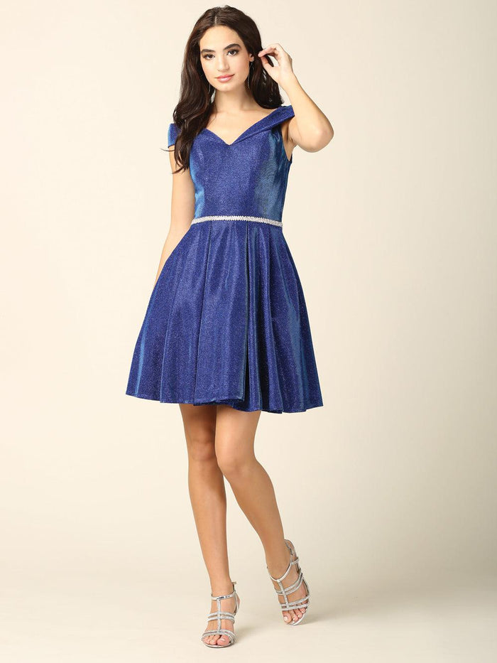 Short Cocktail Off Shoulder Glitter Prom Dress - The Dress Outlet