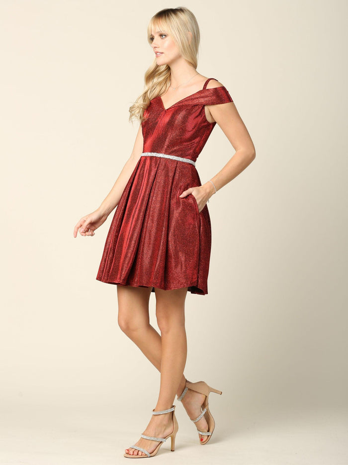 Short Cocktail Off Shoulder Glitter Prom Dress - The Dress Outlet