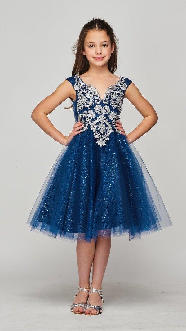 Short Metallic Lace Applique Flower Girl Dress - The Dress Outlet