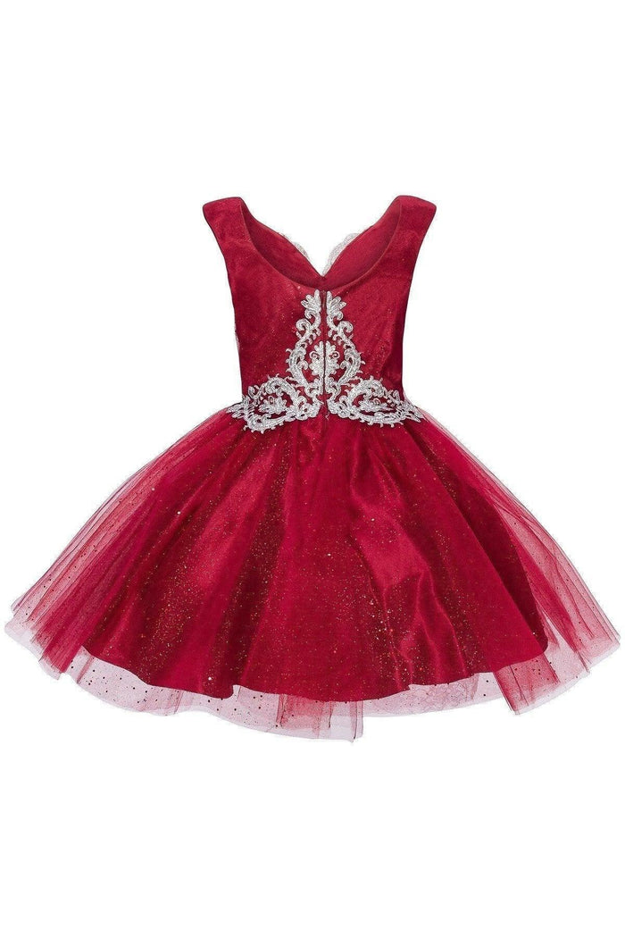 Short Metallic Lace Applique Flower Girl Dress - The Dress Outlet