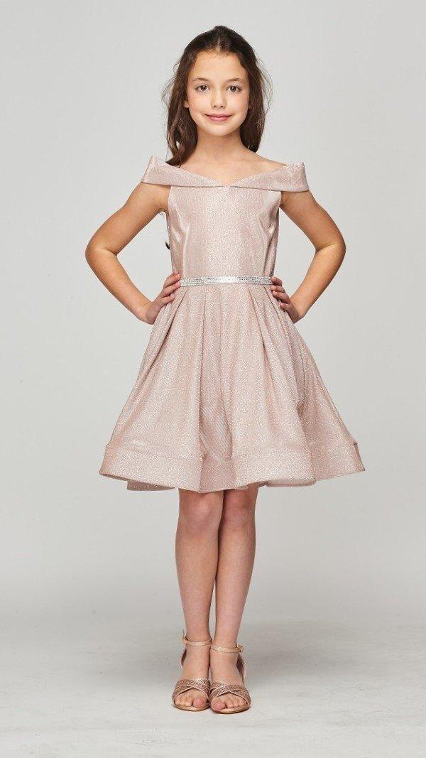 Short Metallic Off Shoulder Flower Girl Dress - The Dress Outlet